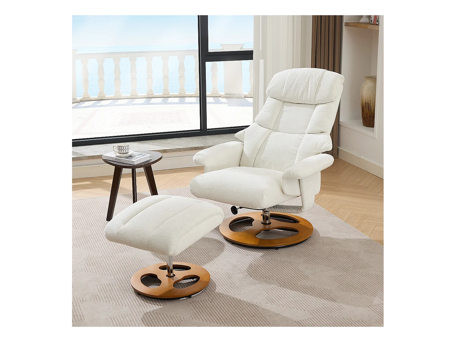 Relaxsessel avec massage et chauffage, fonction inclinable & repose-pieds, 360° pivotant, Chenille blanc (83.5x81x111 cm)