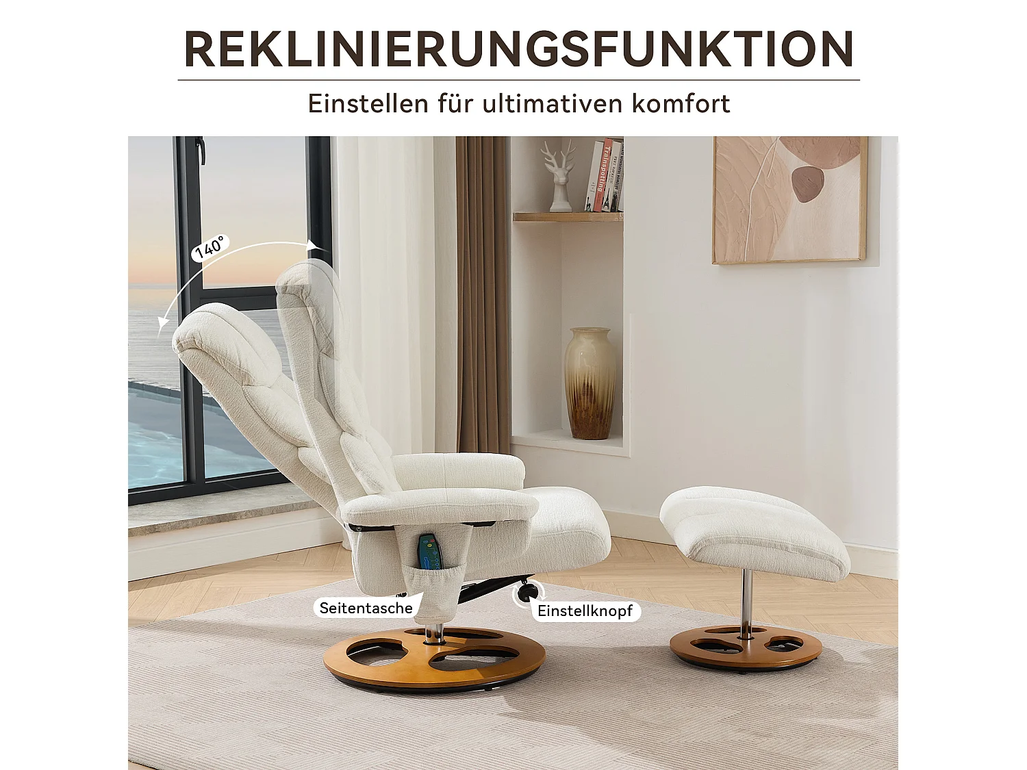 Relaxsessel avec massage et chauffage, fonction inclinable & repose-pieds, 360° pivotant, Chenille blanc (83.5x81x111 cm)