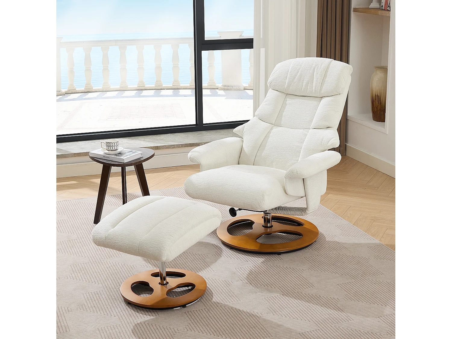 Relaxsessel avec massage et chauffage, fonction inclinable & repose-pieds, 360° pivotant, Chenille blanc (83.5x81x111 cm)