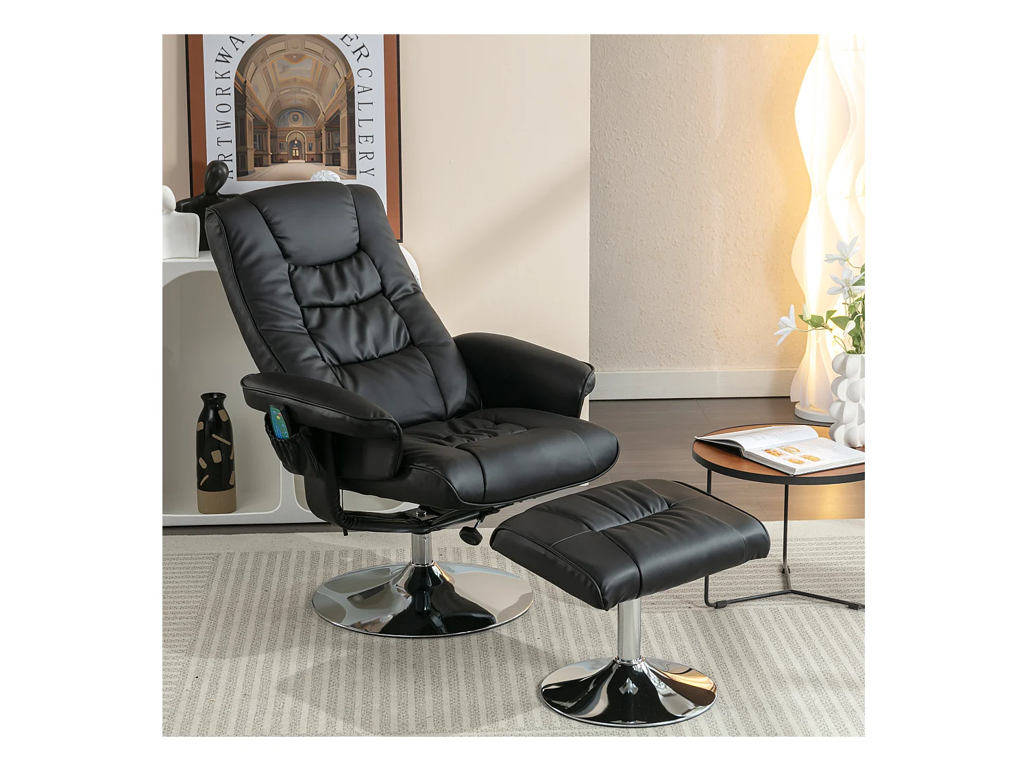 Fauteuil de massage avec PU, ottomane, 5 points de massage, base en bois incurvé, noir (79x79x106 cm)