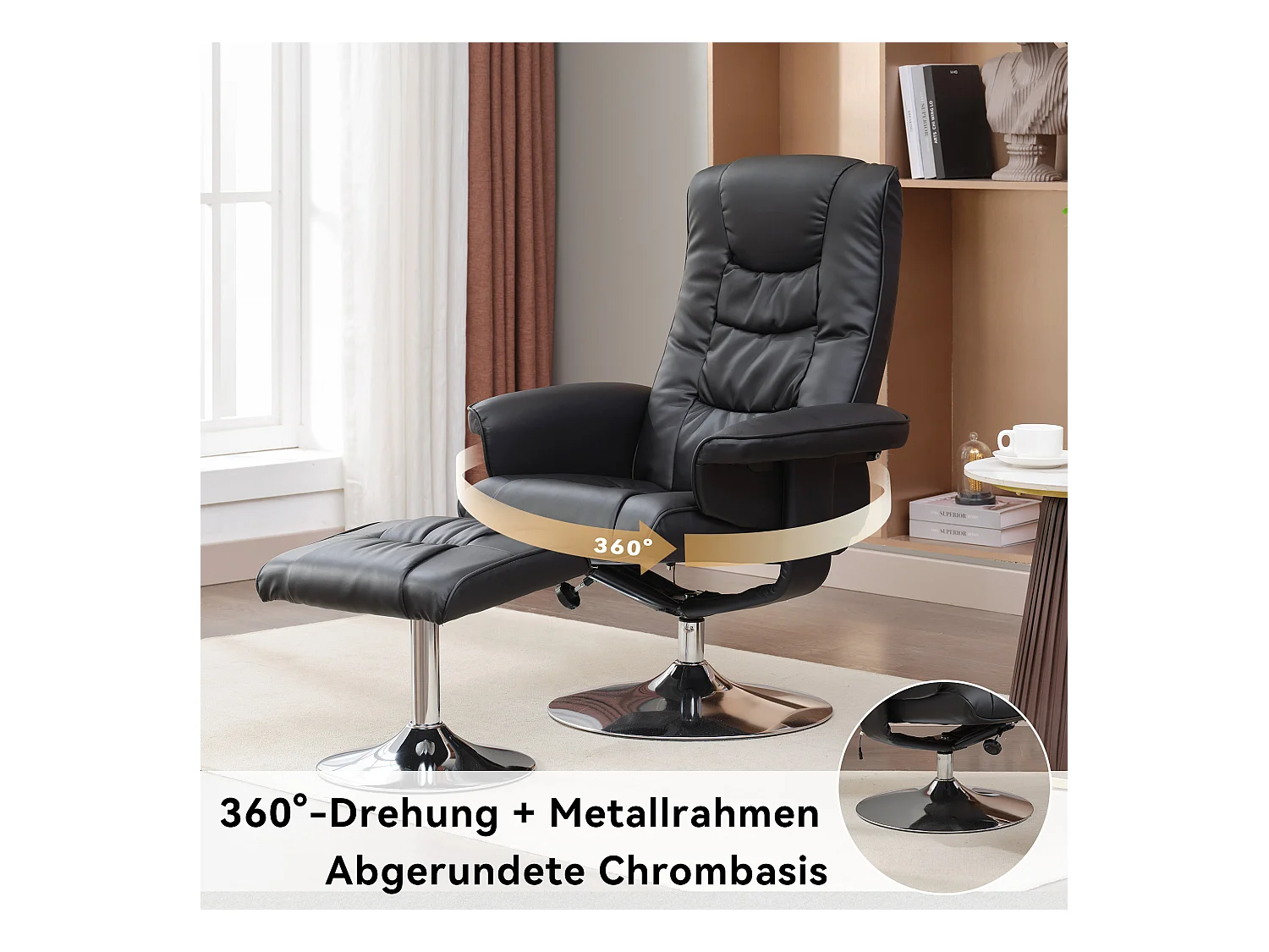 Fauteuil de massage avec PU, ottomane, 5 points de massage, base en bois incurvé, noir (79x79x106 cm)