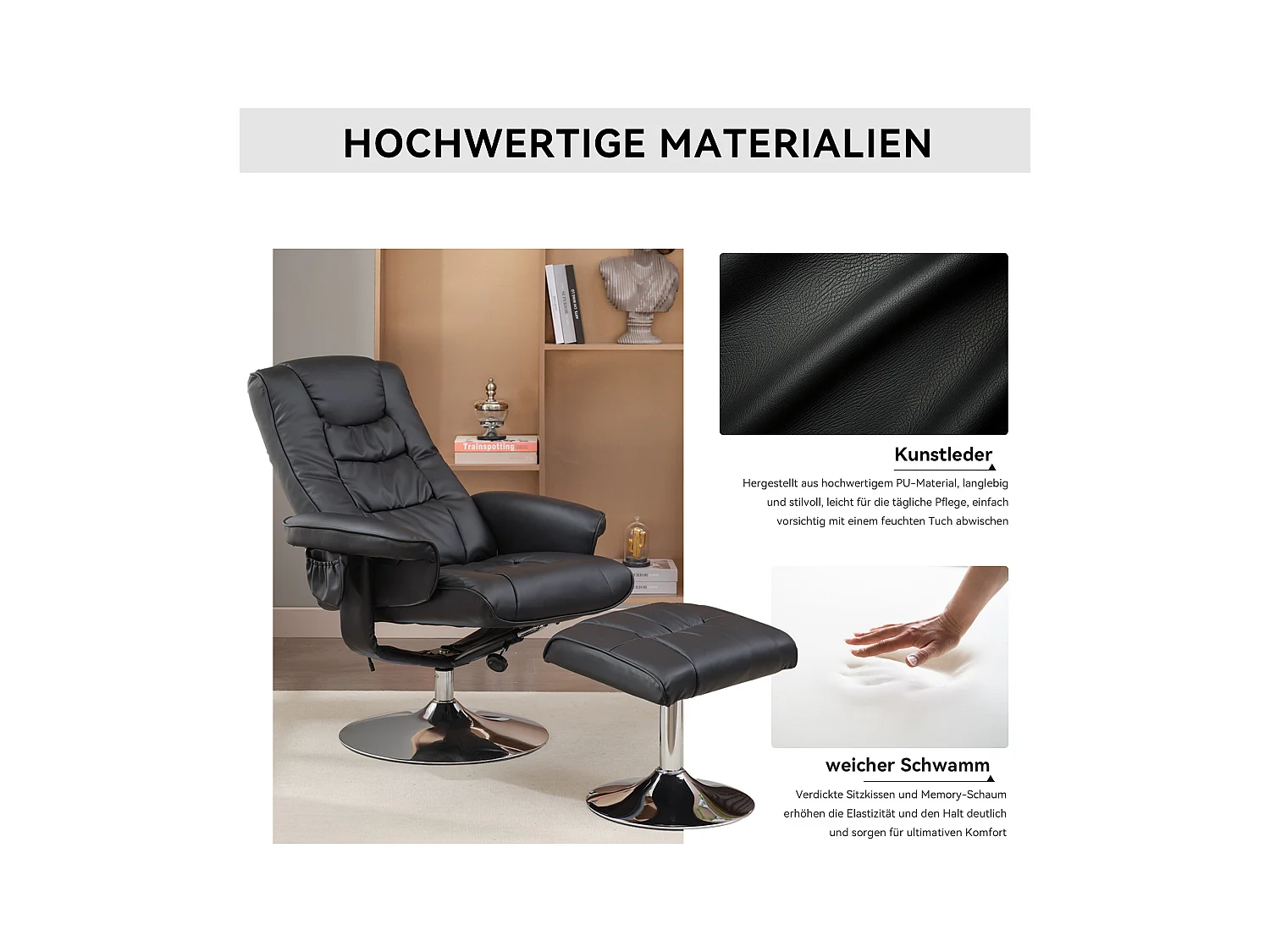 Fauteuil de massage avec PU, ottomane, 5 points de massage, base en bois incurvé, noir (79x79x106 cm)