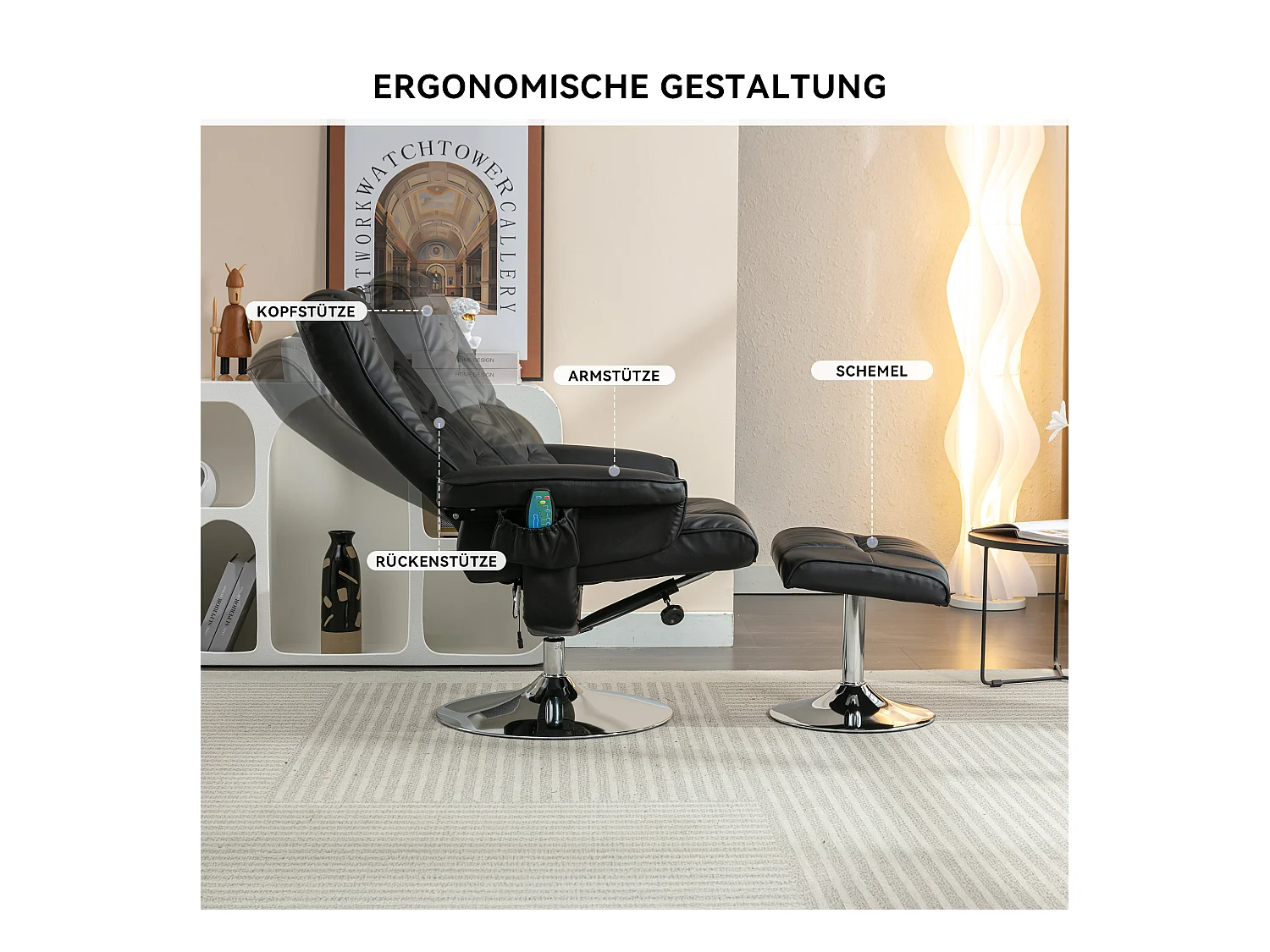 Fauteuil de massage avec PU, ottomane, 5 points de massage, base en bois incurvé, noir (79x79x106 cm)