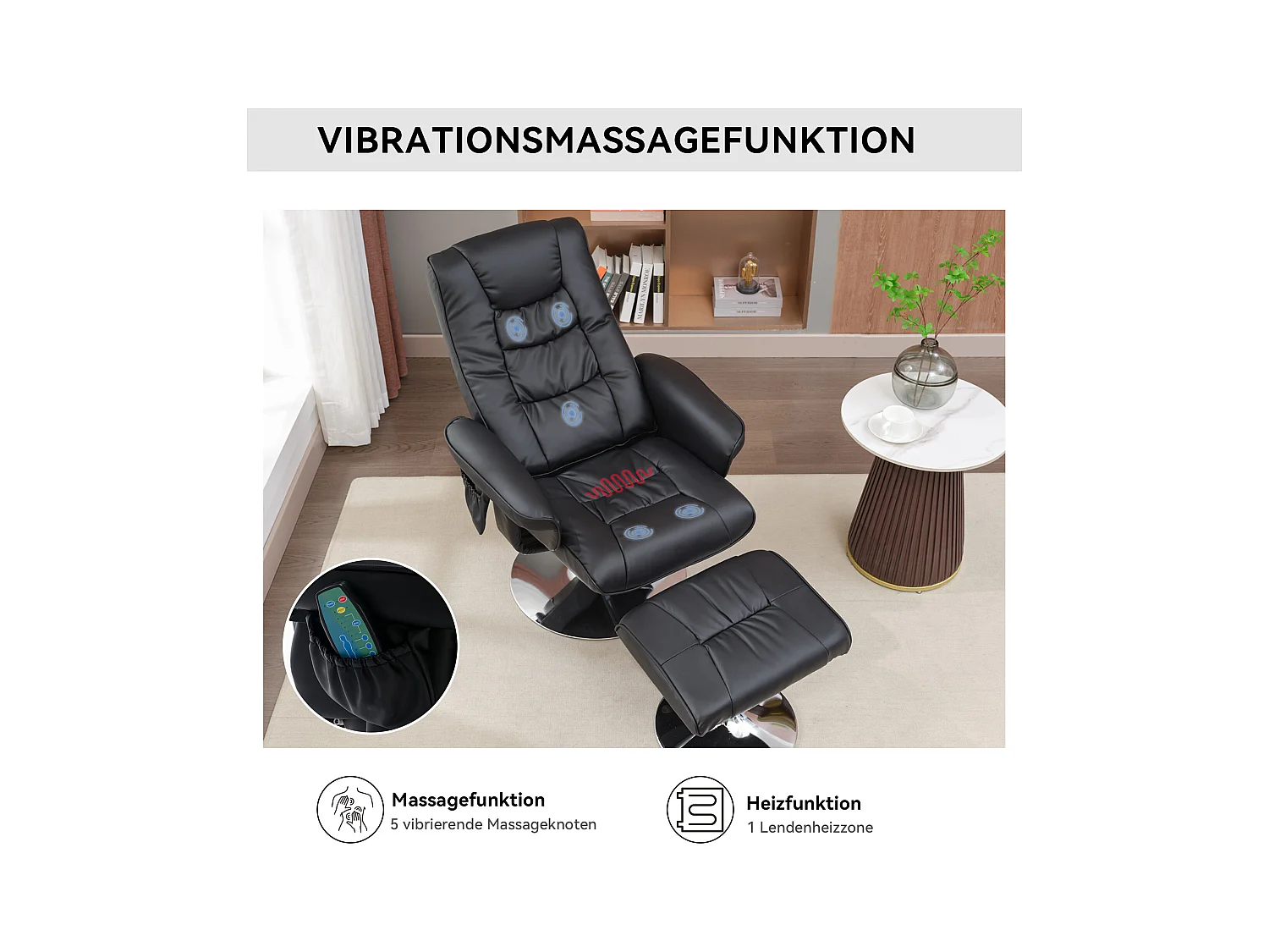 Fauteuil de massage avec PU, ottomane, 5 points de massage, base en bois incurvé, noir (79x79x106 cm)