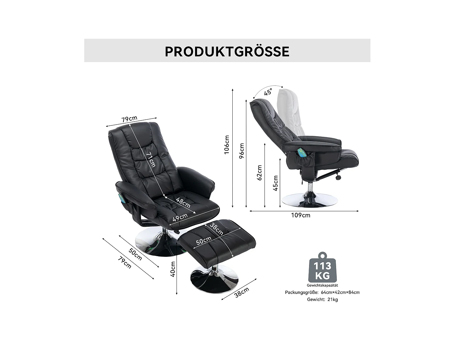 Fauteuil de massage avec PU, ottomane, 5 points de massage, base en bois incurvé, noir (79x79x106 cm)