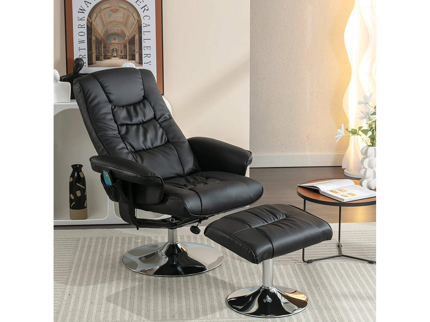 Fauteuil de massage avec PU, ottomane, 5 points de massage, base en bois incurvé, noir (79x79x106 cm)