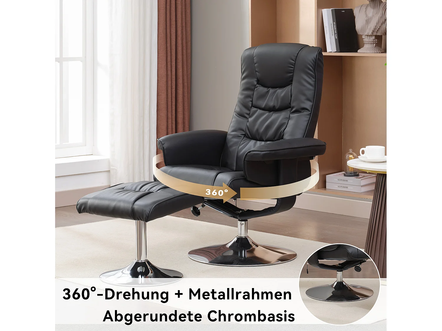 Fauteuil de massage avec PU, ottomane, 5 points de massage, base en bois incurvé, noir (79x79x106 cm)