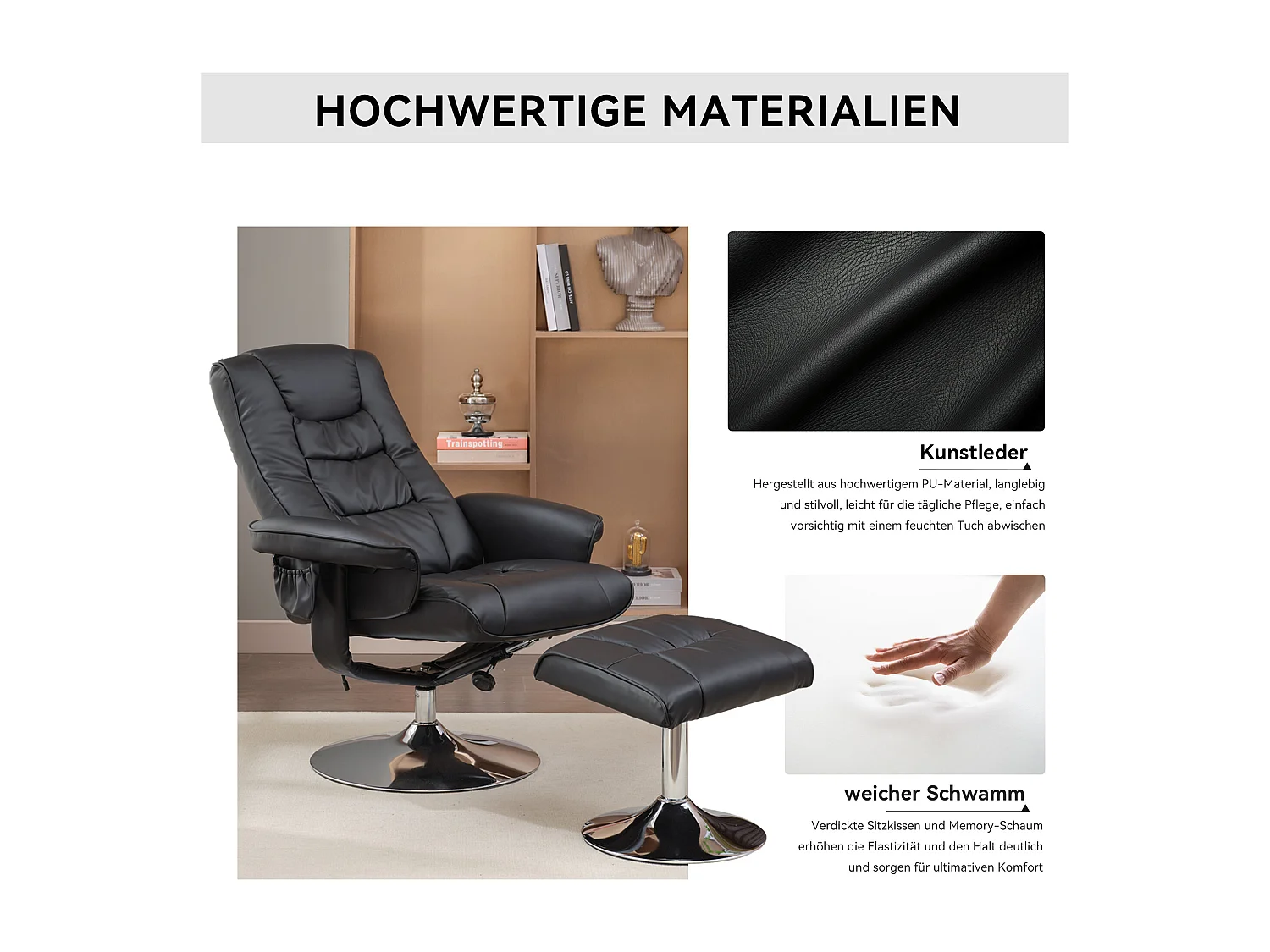 Fauteuil de massage avec PU, ottomane, 5 points de massage, base en bois incurvé, noir (79x79x106 cm)