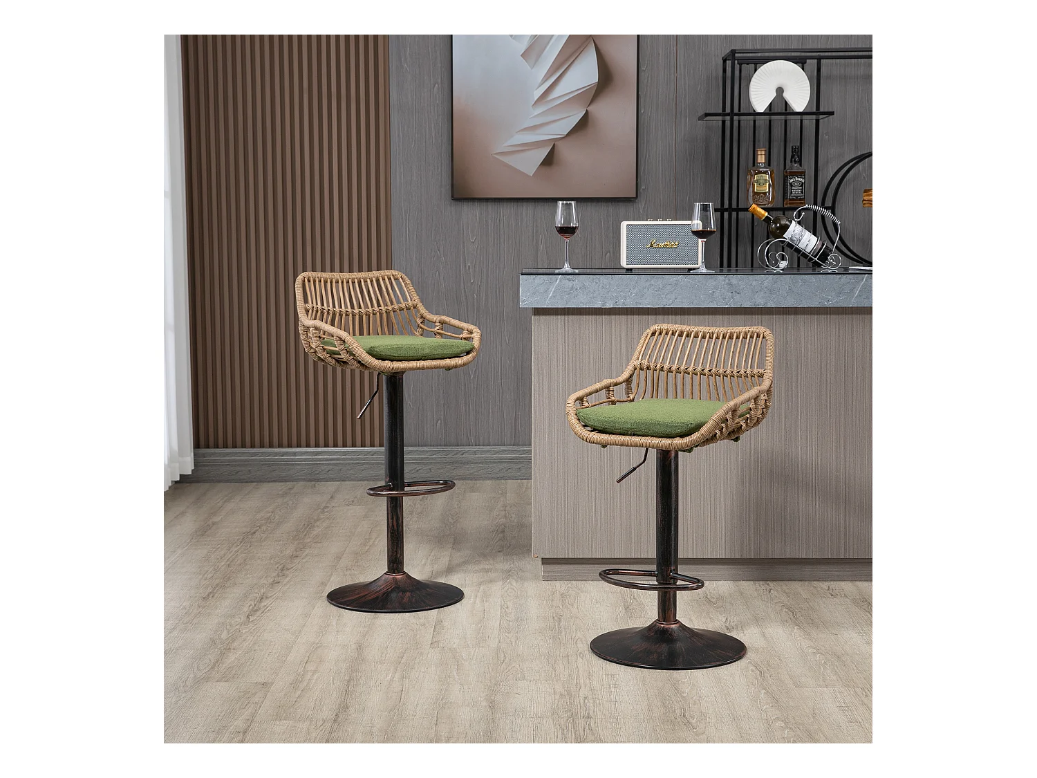 Tabouret de bar réglable, ensemble de 2, avec repose-pieds, lin, vert (49x48x89 cm)