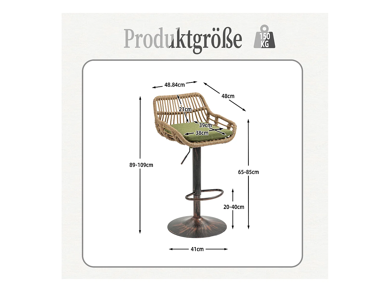 Tabouret de bar réglable, ensemble de 2, avec repose-pieds, lin, vert (49x48x89 cm)