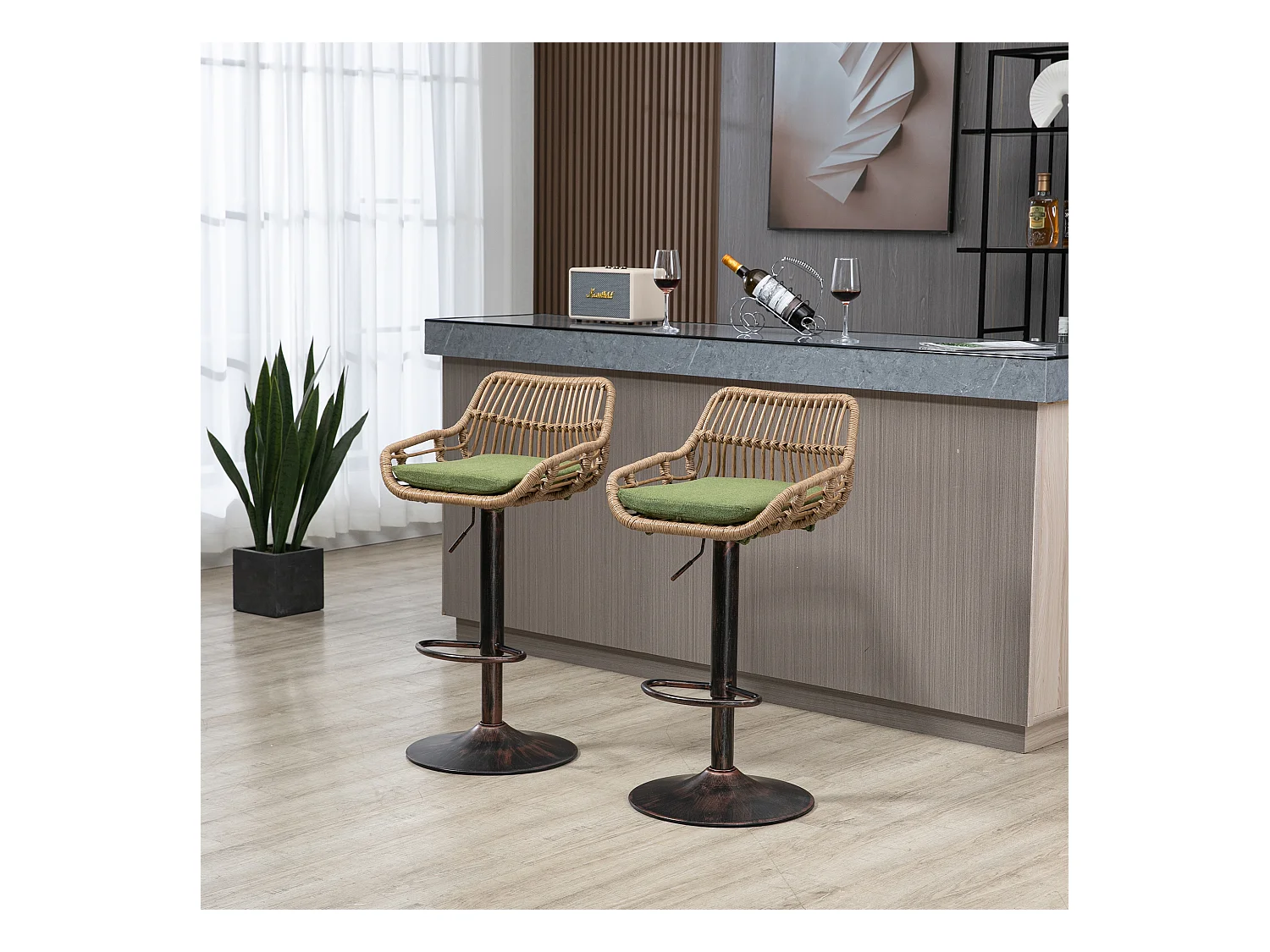 Tabouret de bar réglable, ensemble de 2, avec repose-pieds, lin, vert (49x48x89 cm)