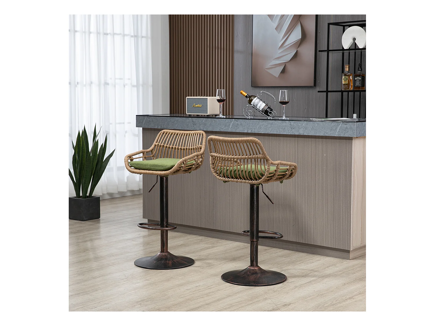 Tabouret de bar réglable, ensemble de 2, avec repose-pieds, lin, vert (49x48x89 cm)