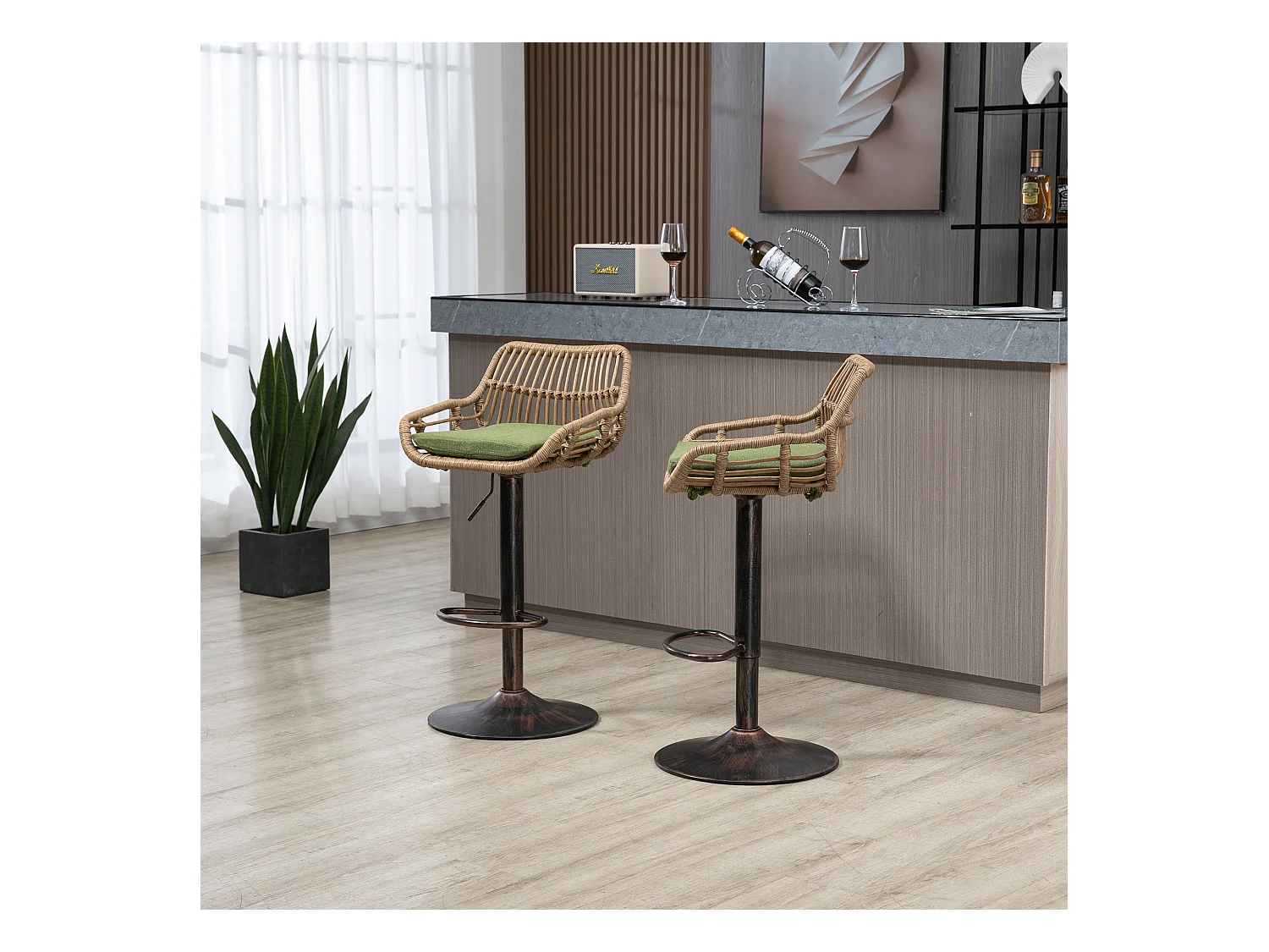 Tabouret de bar réglable, ensemble de 2, avec repose-pieds, lin, vert (49x48x89 cm)