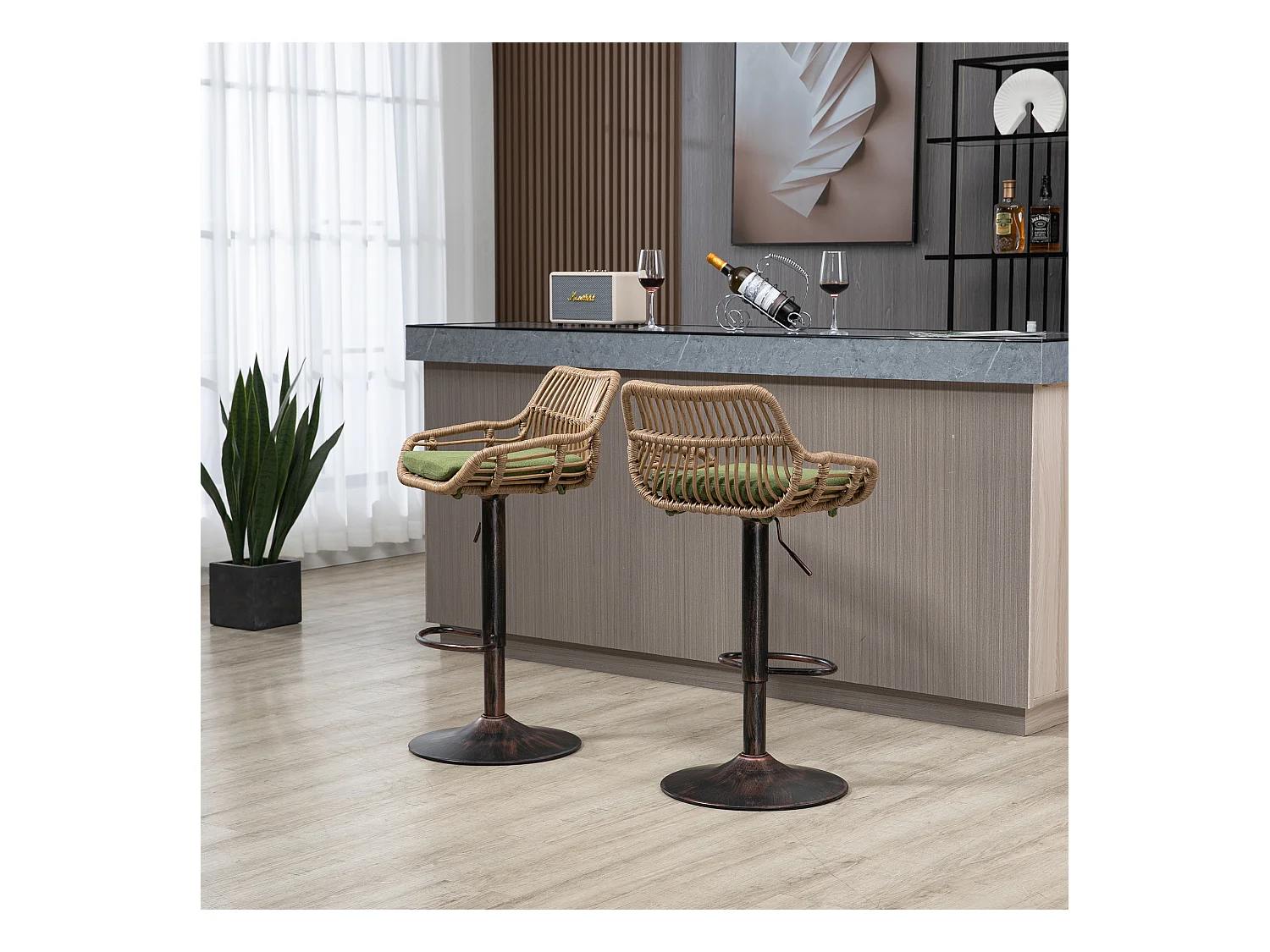 Tabouret de bar réglable, ensemble de 2, avec repose-pieds, lin, vert (49x48x89 cm)