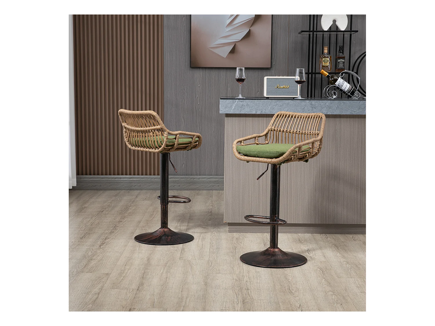 Tabouret de bar réglable, ensemble de 2, avec repose-pieds, lin, vert (49x48x89 cm)