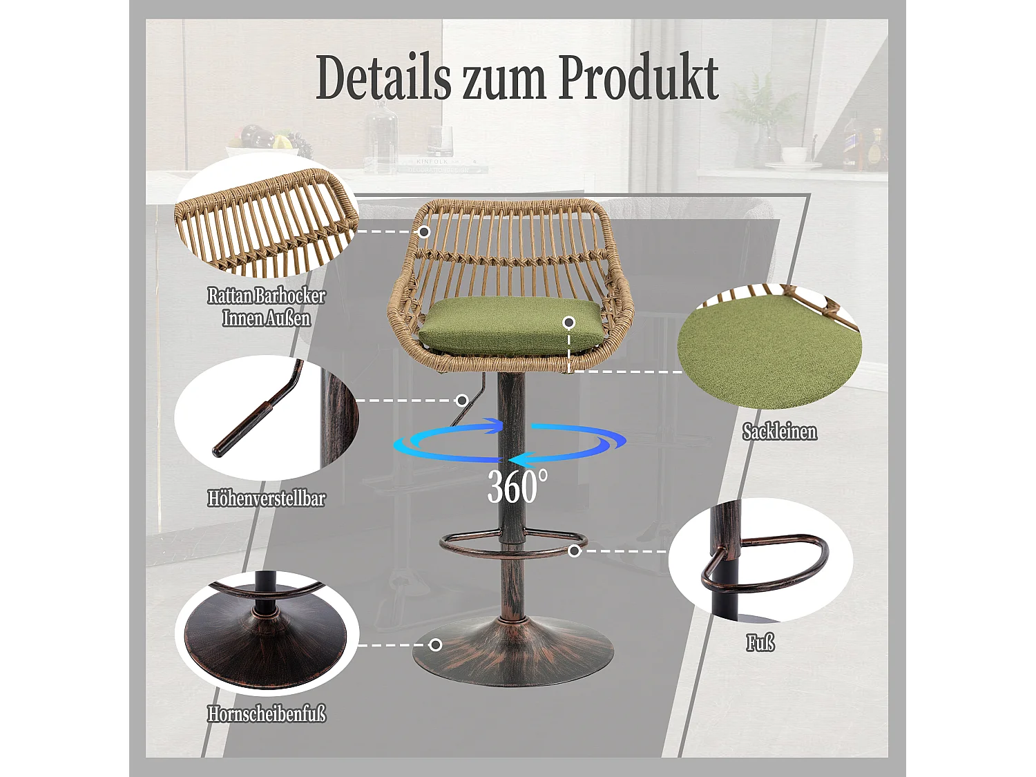 Verstelbare barkruk, set van 2, met voetenbank, linnen, groen (49x48x89 cm)