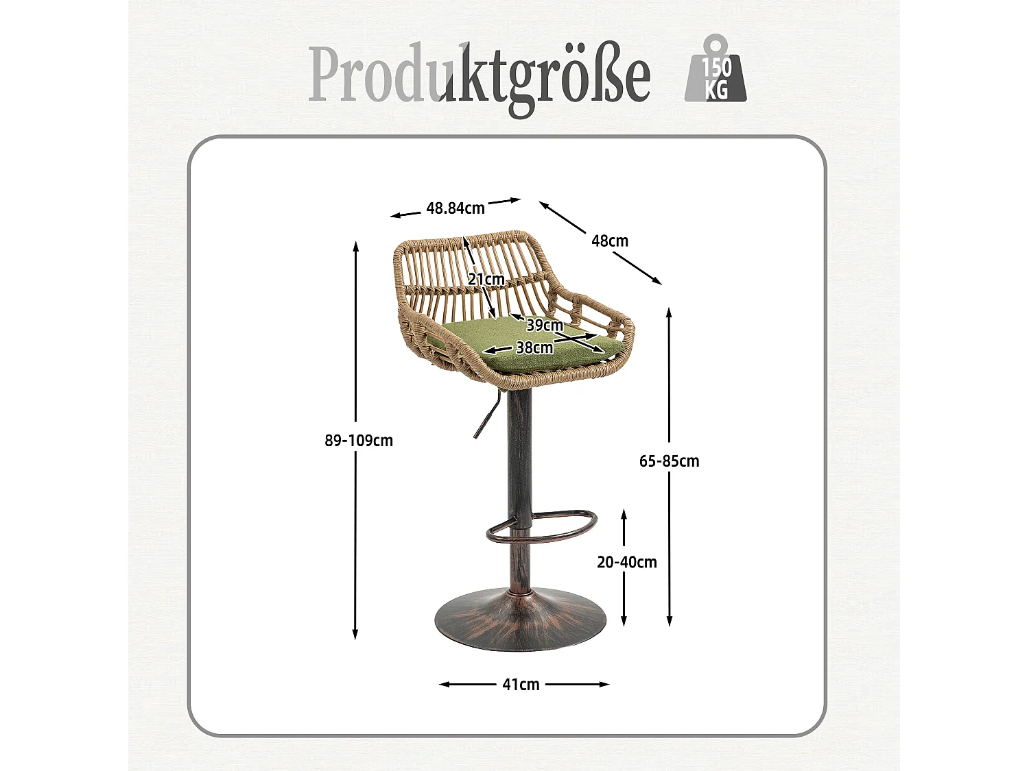 Verstelbare barkruk, set van 2, met voetenbank, linnen, groen (49x48x89 cm)