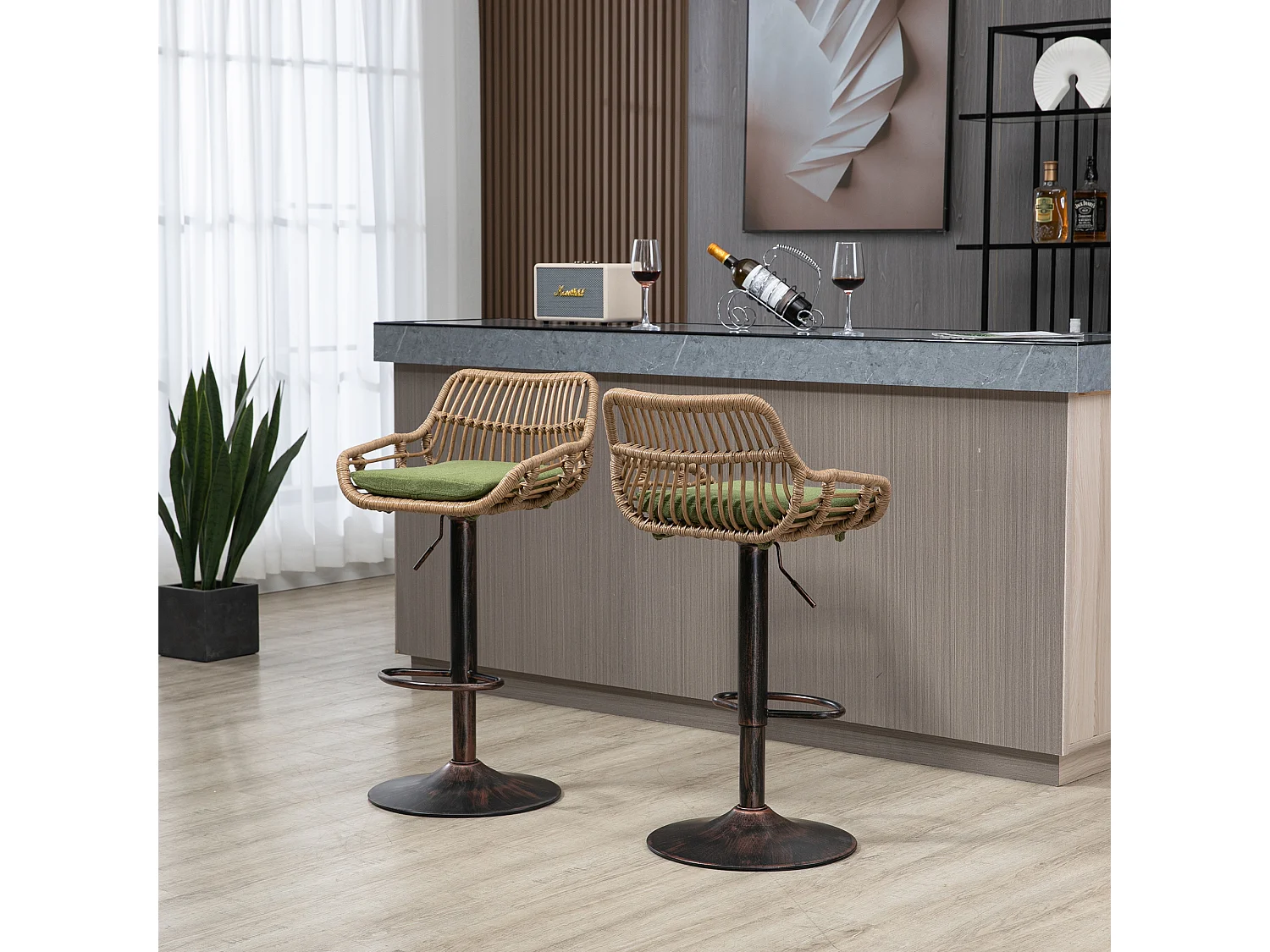 Verstelbare barkruk, set van 2, met voetenbank, linnen, groen (49x48x89 cm)