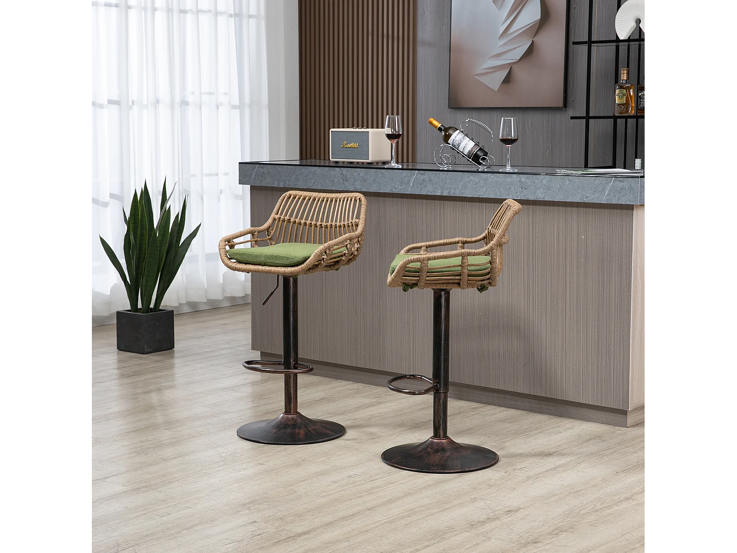 Verstelbare barkruk, set van 2, met voetenbank, linnen, groen (49x48x89 cm)