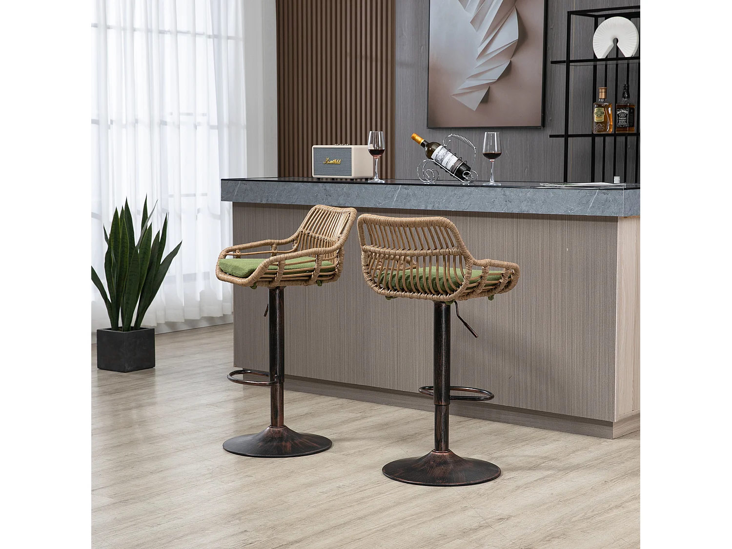 Verstelbare barkruk, set van 2, met voetenbank, linnen, groen (49x48x89 cm)