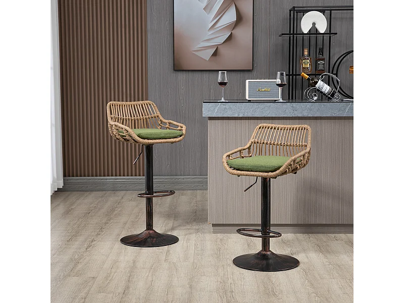 Verstelbare barkruk, set van 2, met voetenbank, linnen, groen (49x48x89 cm)