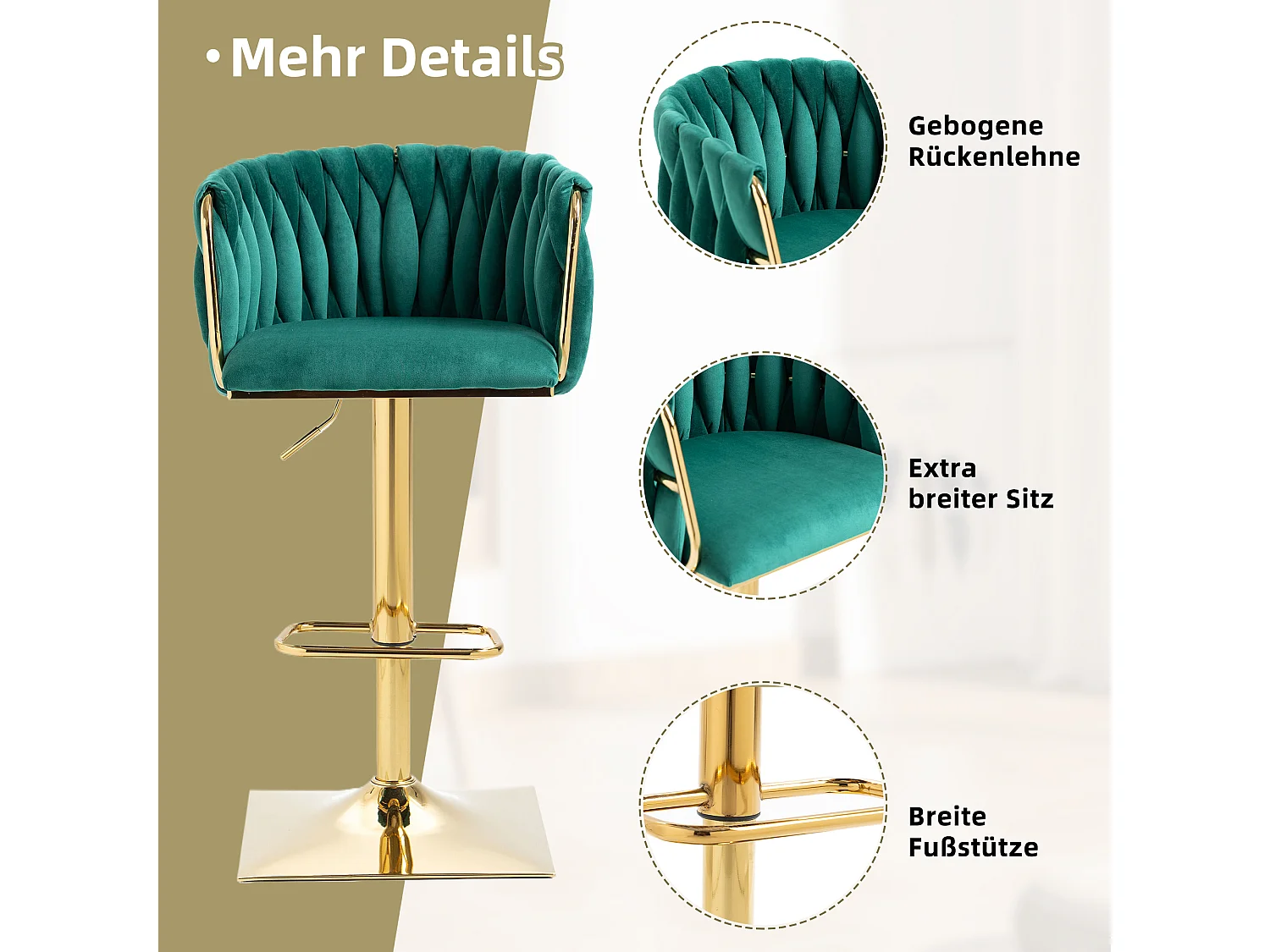 Tabouret de bar vintage avec dossier et repose-pieds, hauteur de comptoir, chaise de salle à manger pour îlot de cuisine (53x51x87-105 cm)