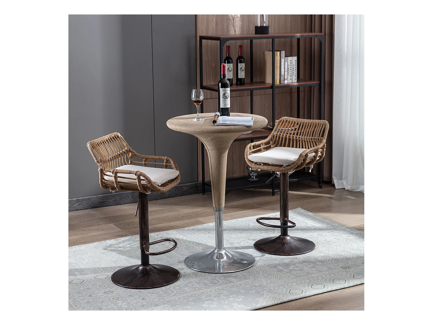 Tabouret de bar réglable, ensemble de 2, avec repose-pieds, lin, beige (49x48x89 cm)