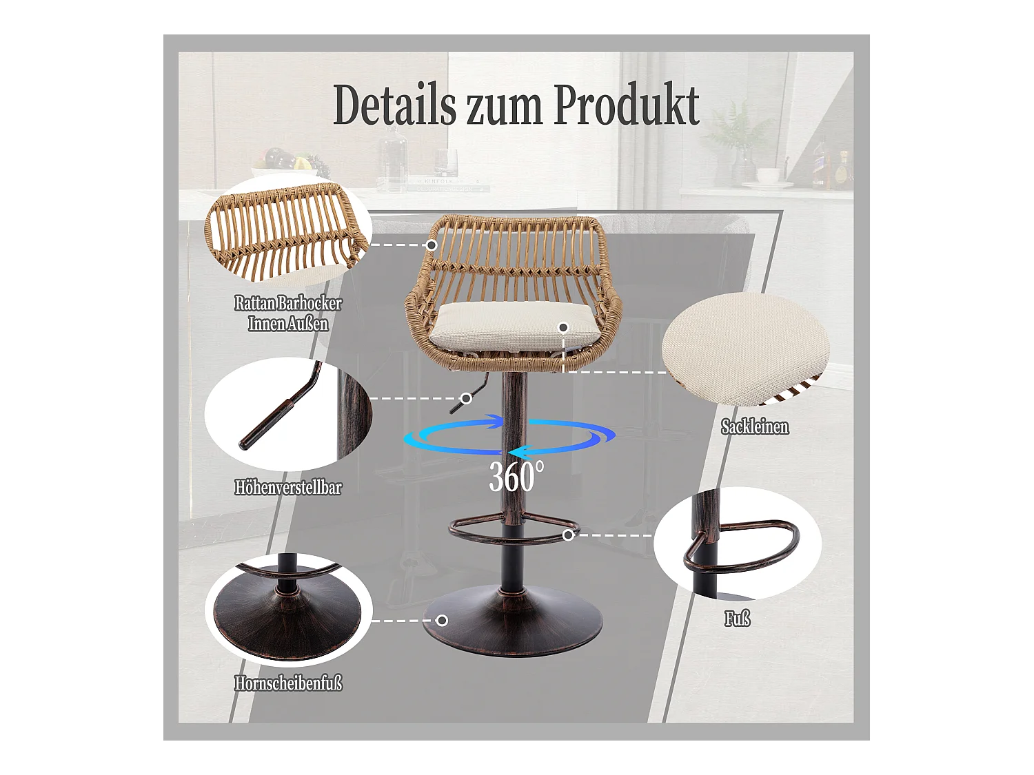 Tabouret de bar réglable, ensemble de 2, avec repose-pieds, lin, beige (49x48x89 cm)