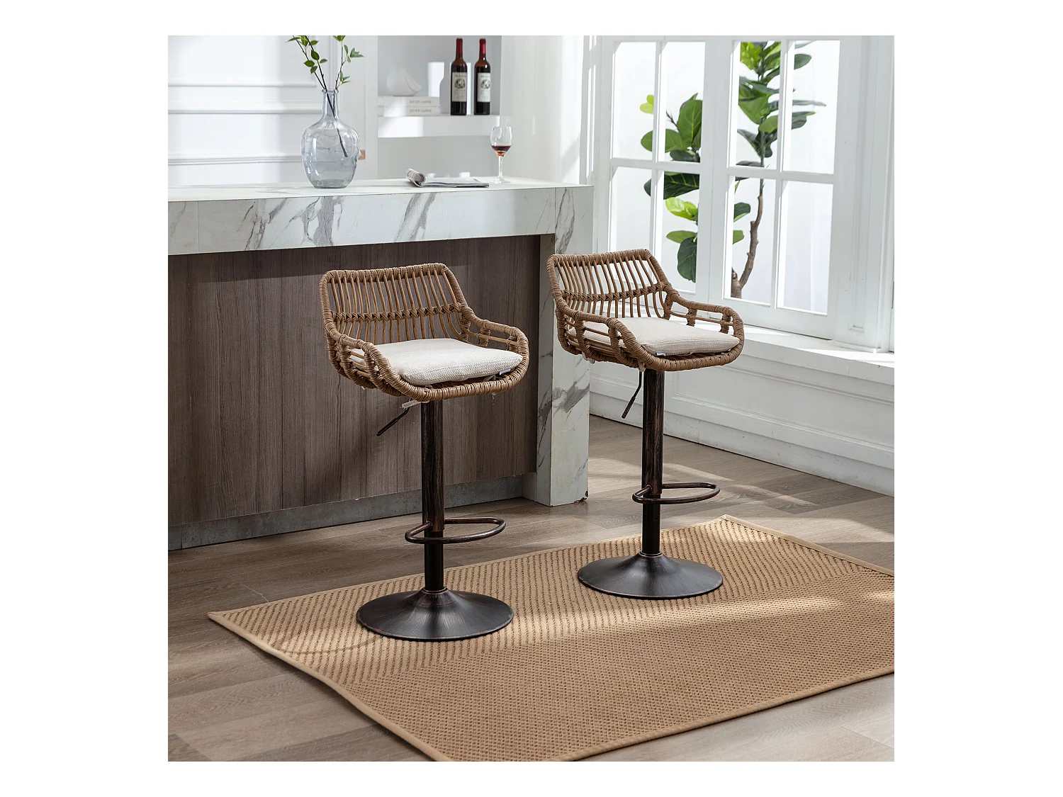 Tabouret de bar réglable, ensemble de 2, avec repose-pieds, lin, beige (49x48x89 cm)