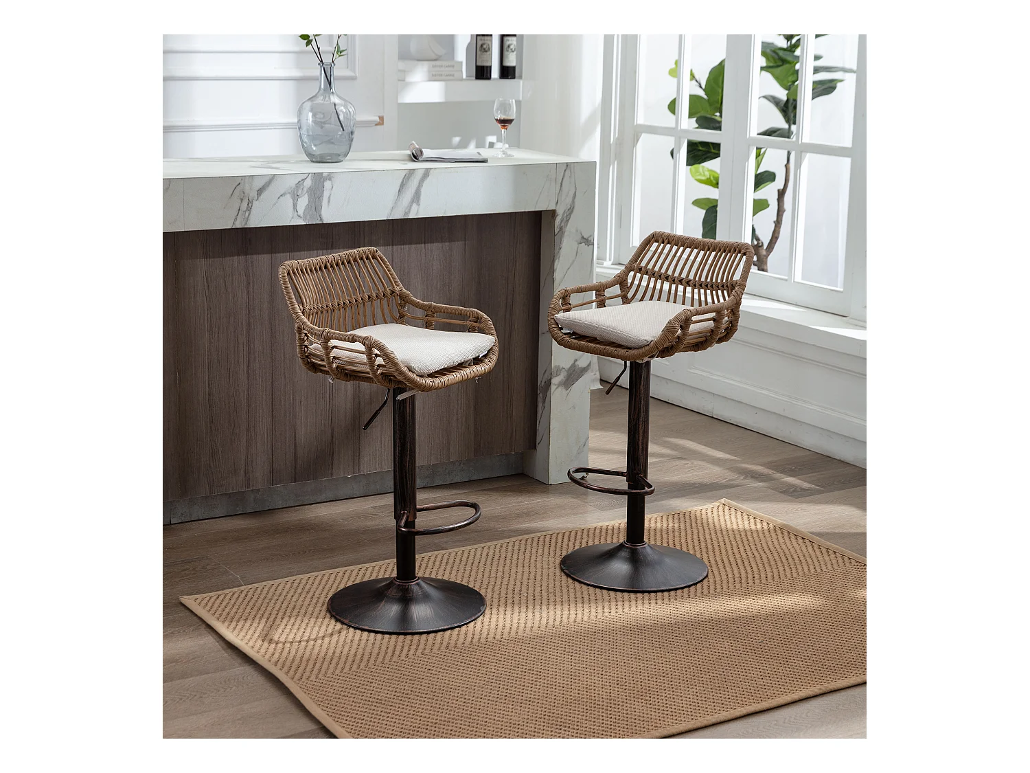 Tabouret de bar réglable, ensemble de 2, avec repose-pieds, lin, beige (49x48x89 cm)