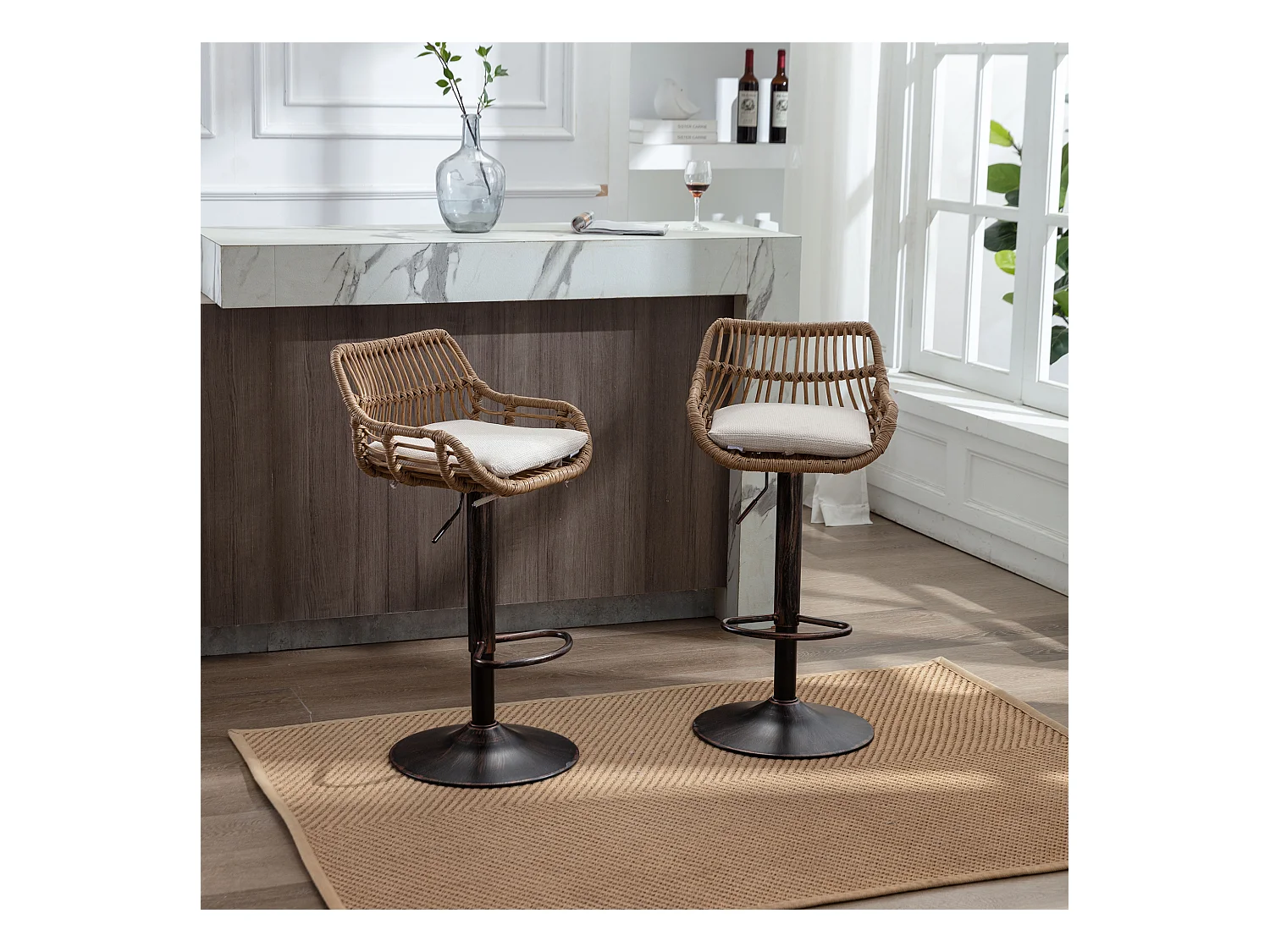 Tabouret de bar réglable, ensemble de 2, avec repose-pieds, lin, beige (49x48x89 cm)