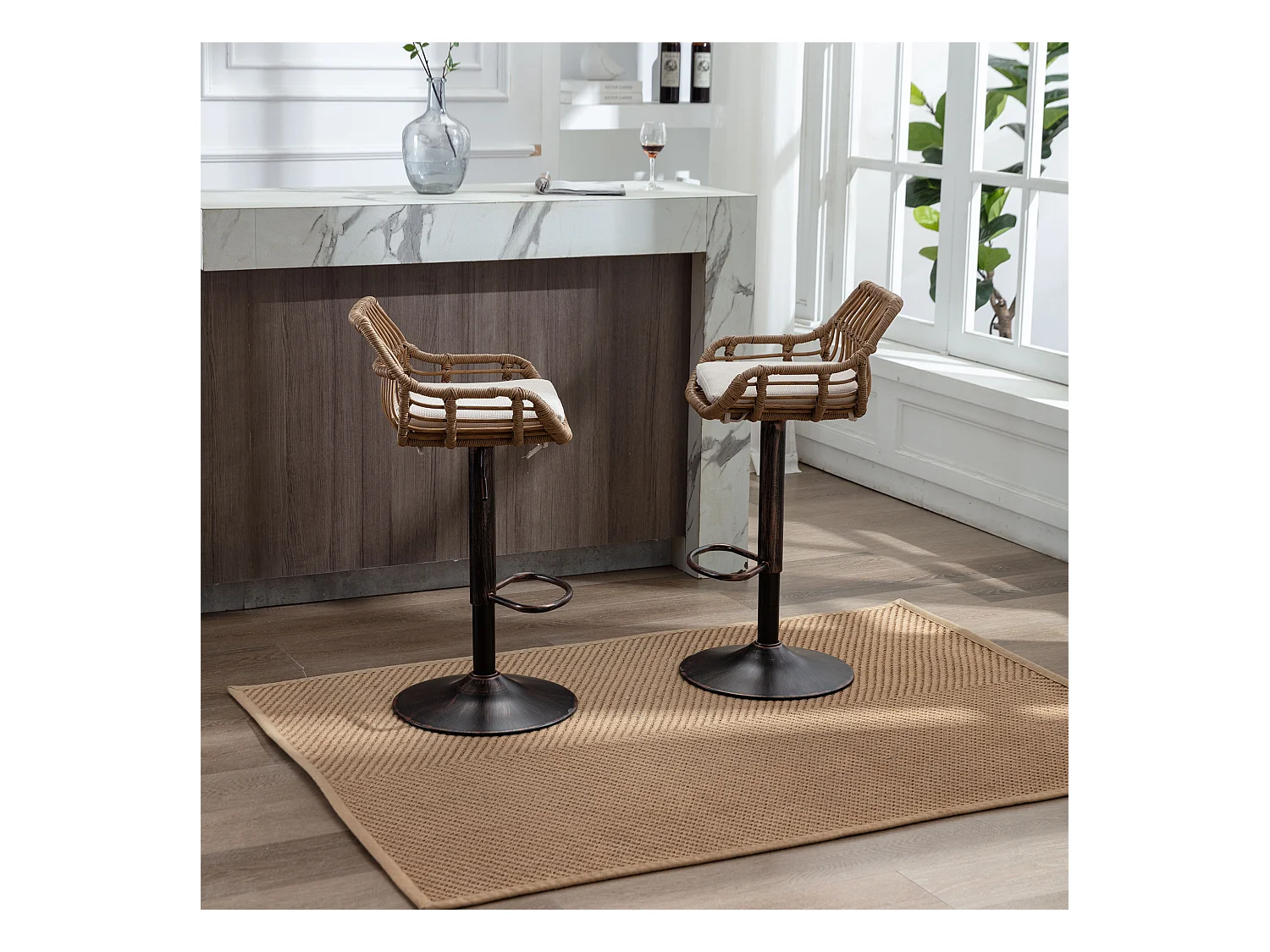 Tabouret de bar réglable, ensemble de 2, avec repose-pieds, lin, beige (49x48x89 cm)