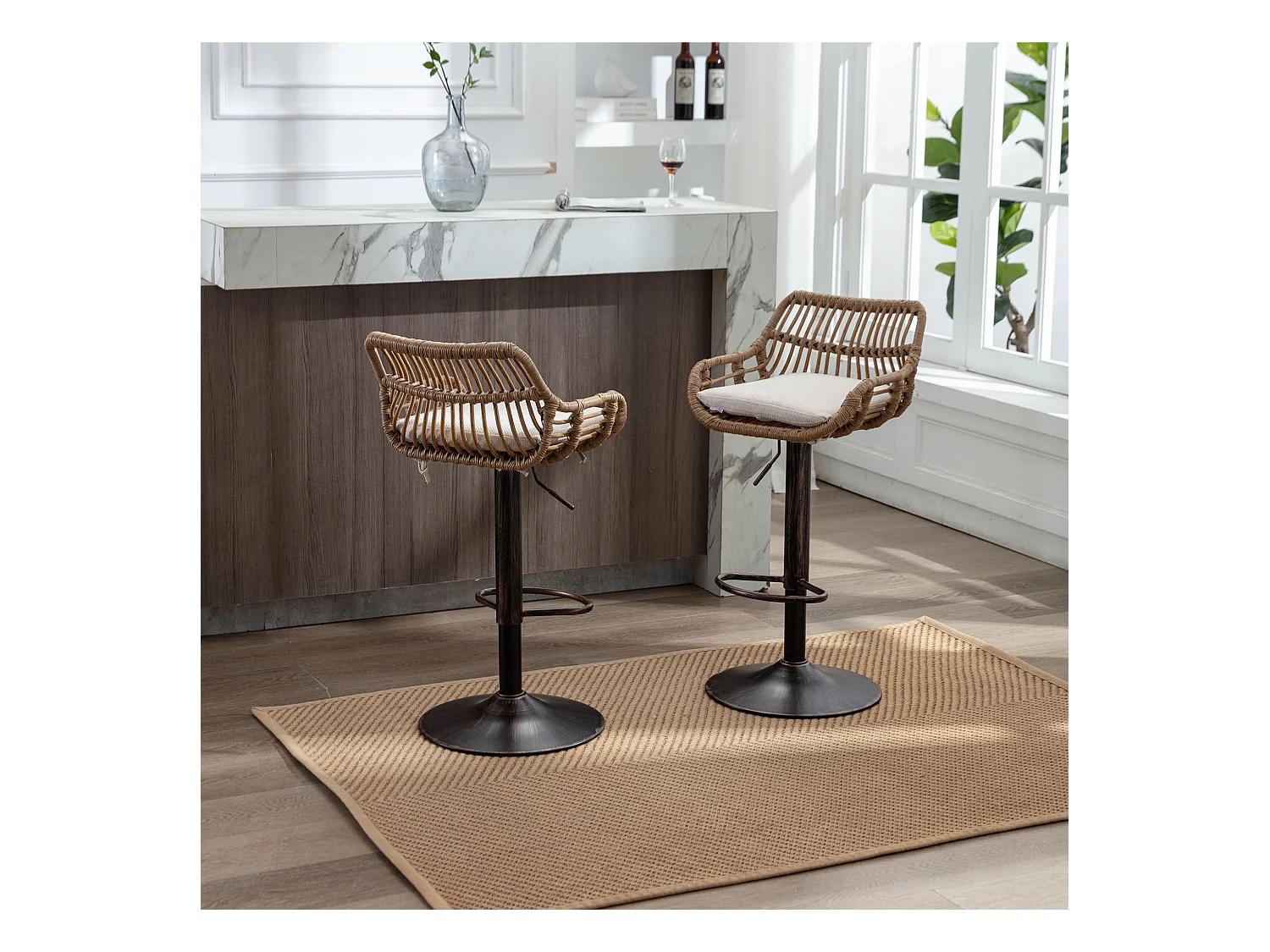 Tabouret de bar réglable, ensemble de 2, avec repose-pieds, lin, beige (49x48x89 cm)
