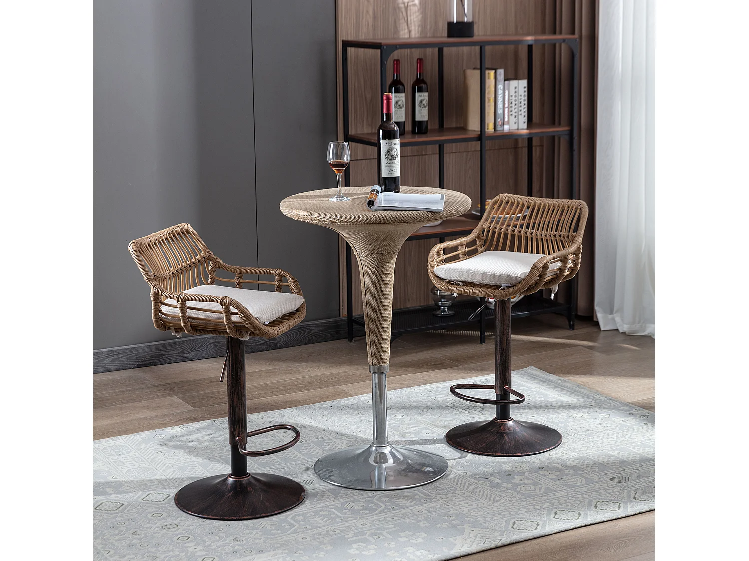 Tabouret de bar réglable, ensemble de 2, avec repose-pieds, lin, beige (49x48x89 cm)