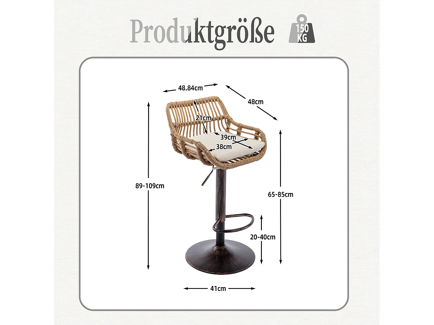 Tabouret de bar réglable, ensemble de 2, avec repose-pieds, lin, beige (49x48x89 cm)