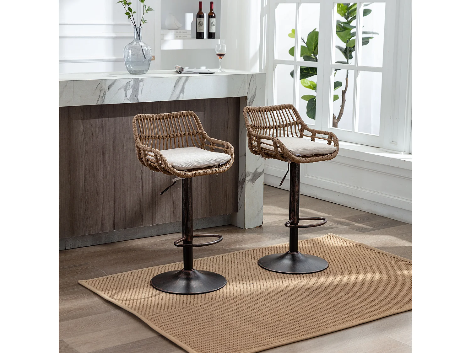 Tabouret de bar réglable, ensemble de 2, avec repose-pieds, lin, beige (49x48x89 cm)