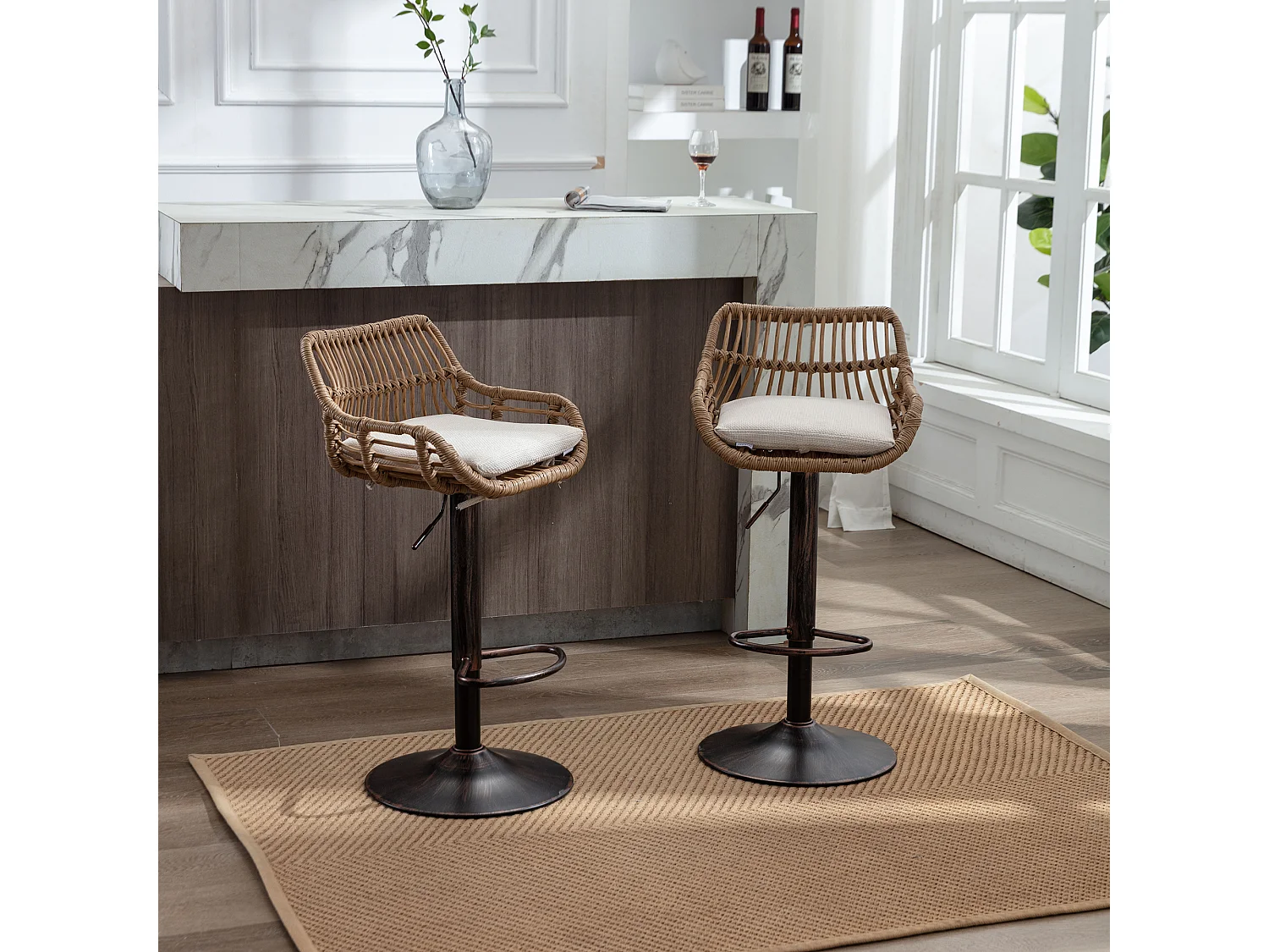 Tabouret de bar réglable, ensemble de 2, avec repose-pieds, lin, beige (49x48x89 cm)