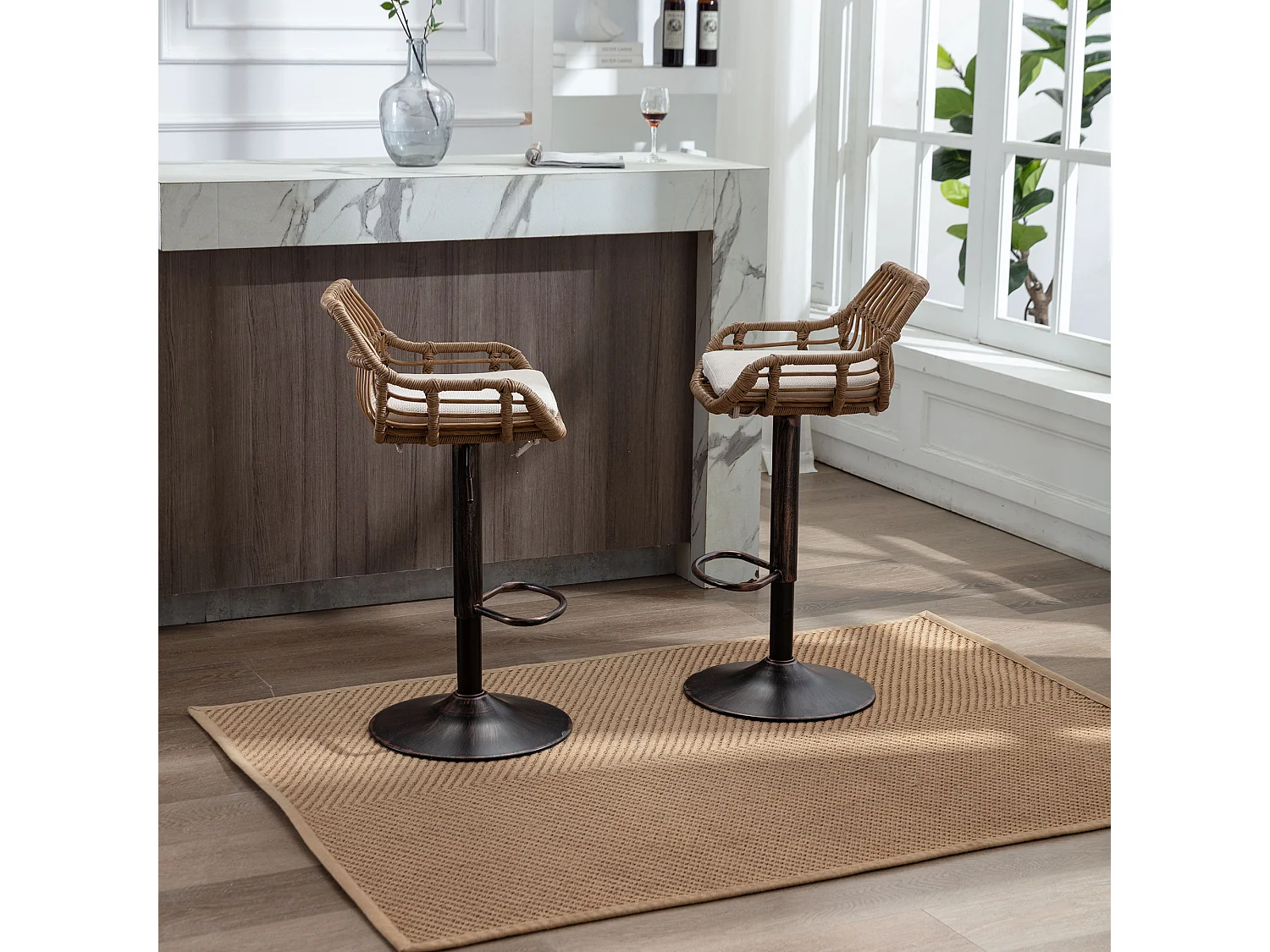 Tabouret de bar réglable, ensemble de 2, avec repose-pieds, lin, beige (49x48x89 cm)