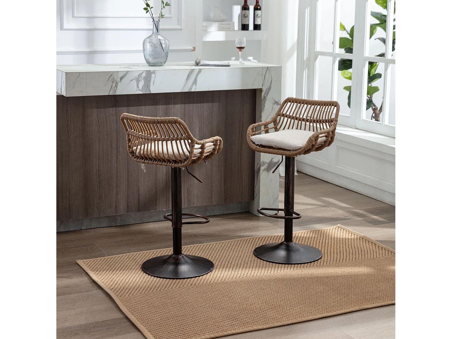 Tabouret de bar réglable, ensemble de 2, avec repose-pieds, lin, beige (49x48x89 cm)