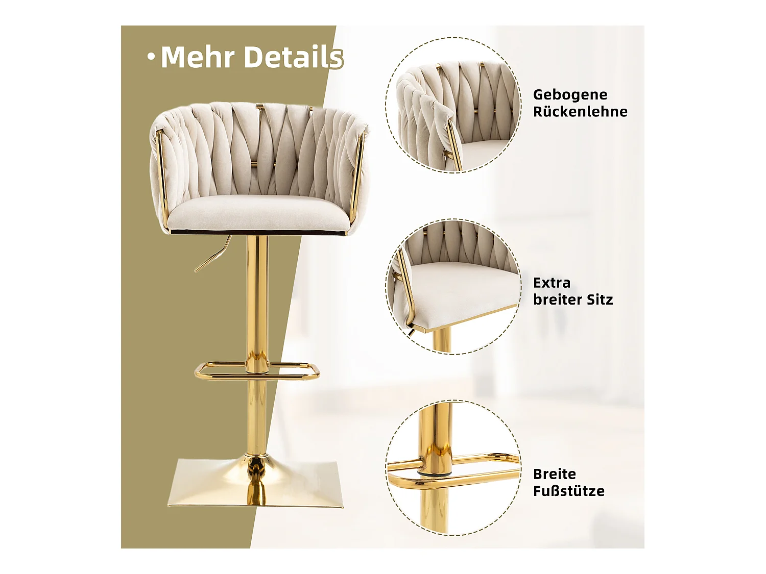 Tabouret de bar vintage avec dossier et repose-pieds, hauteur de comptoir, chaise de salle à manger pour îlot de cuisine, bar, (53x51x87 cm)