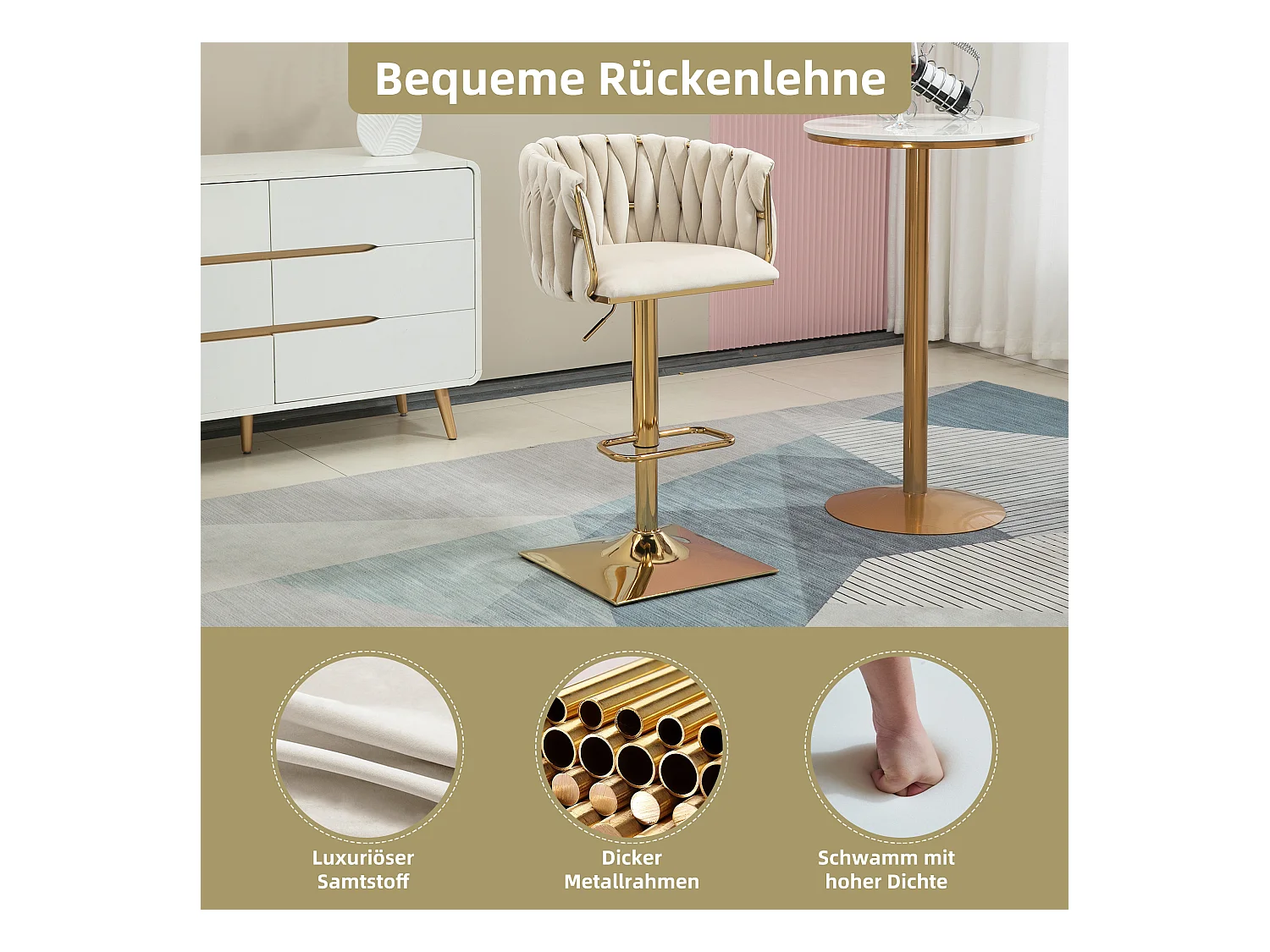 Tabouret de bar vintage avec dossier et repose-pieds, hauteur de comptoir, chaise de salle à manger pour îlot de cuisine, bar, (53x51x87 cm)