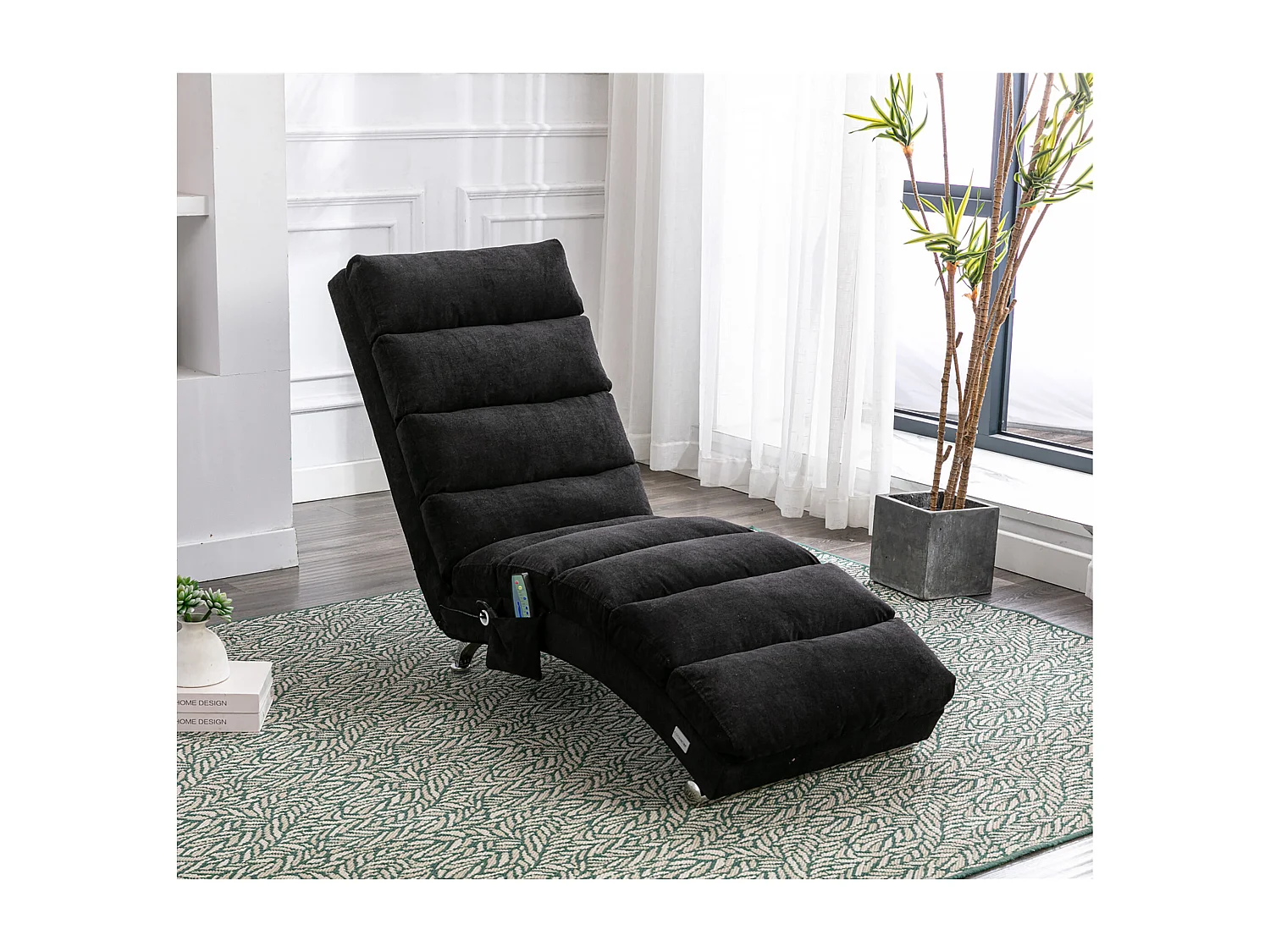 Sillón de masaje con mando a distancia, tejido de lino, 5 modos de masaje, color negro (148x55x87 cm)