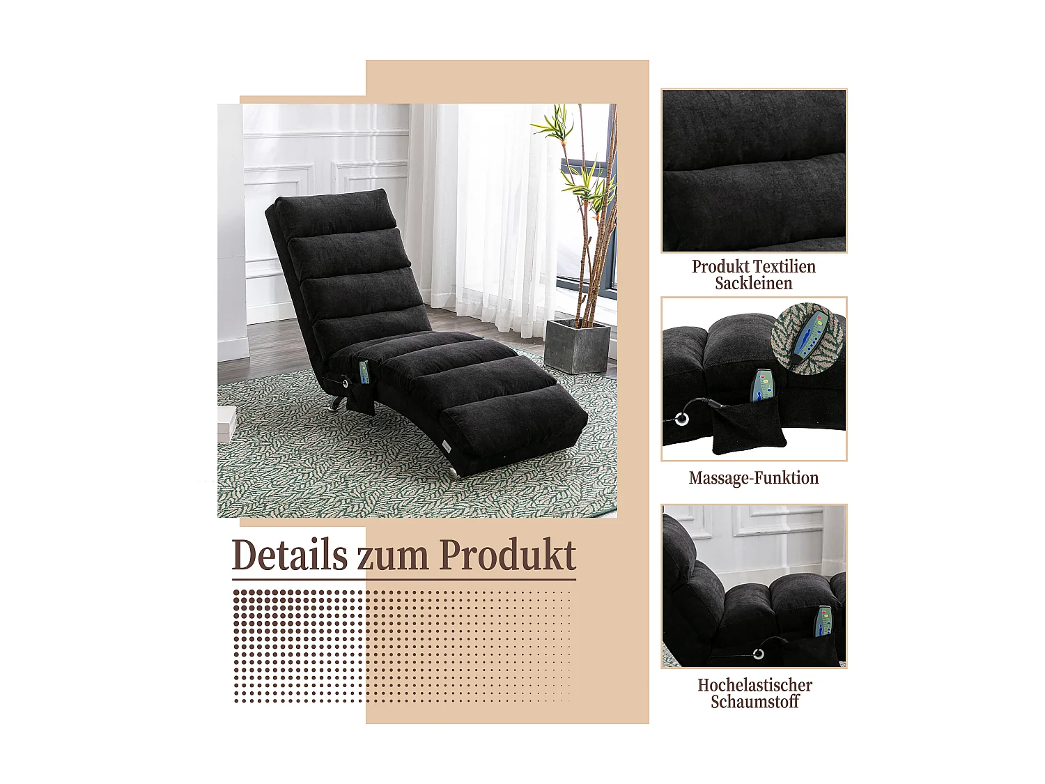 Sillón de masaje con mando a distancia, tejido de lino, 5 modos de masaje, color negro (148x55x87 cm)