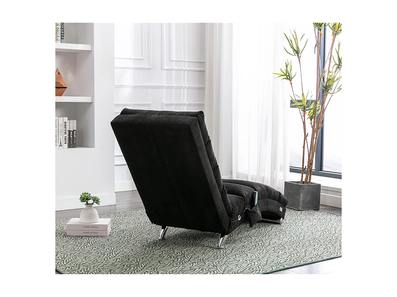 Sillón de masaje con mando a distancia, tejido de lino, 5 modos de masaje, color negro (148x55x87 cm)