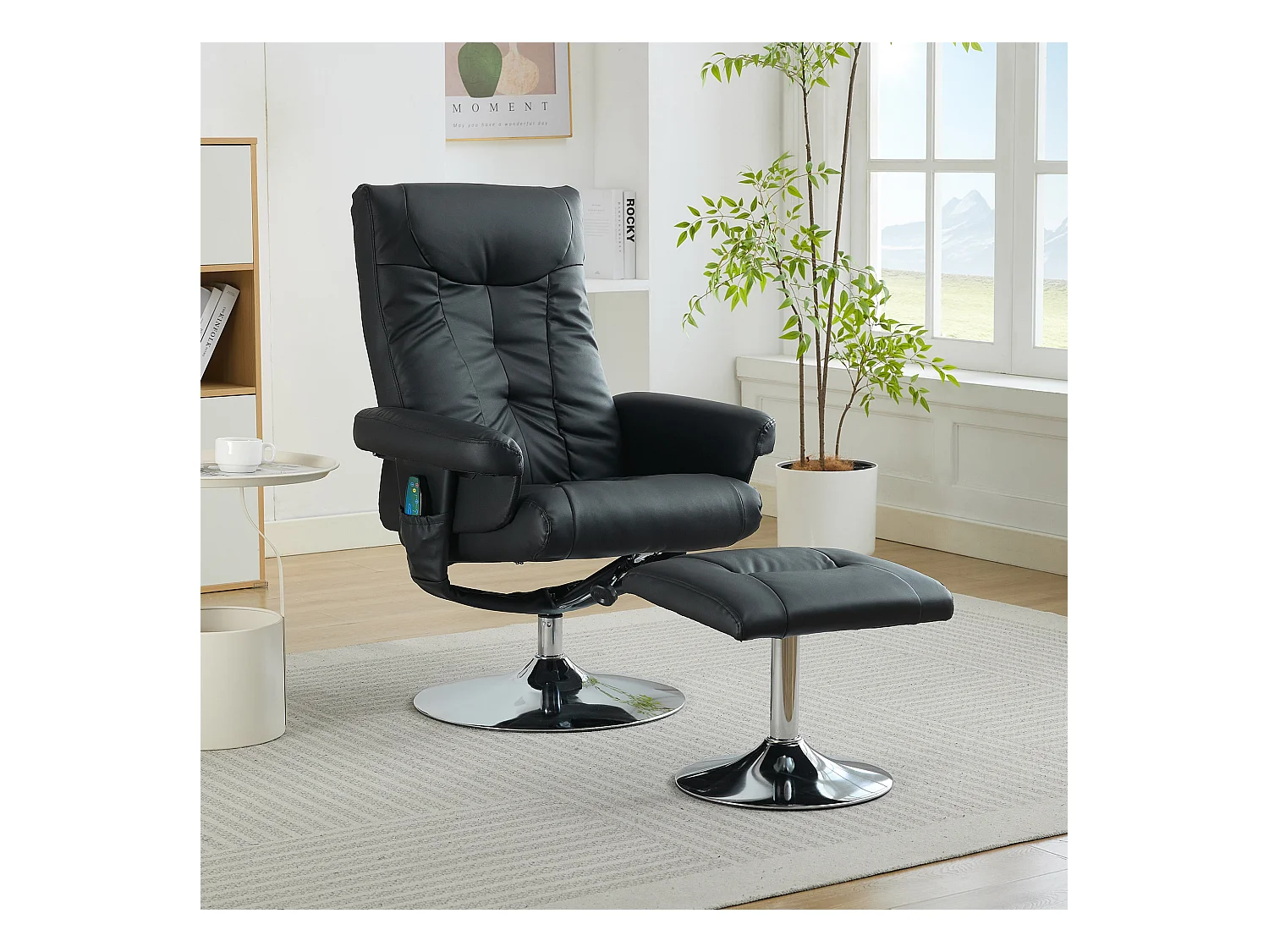 Relaxsessel avec fonction inclinable, massage à 5 points, chauffage électrique & repose-pieds, 360° pivotant, PU noir (76x75x103 cm)