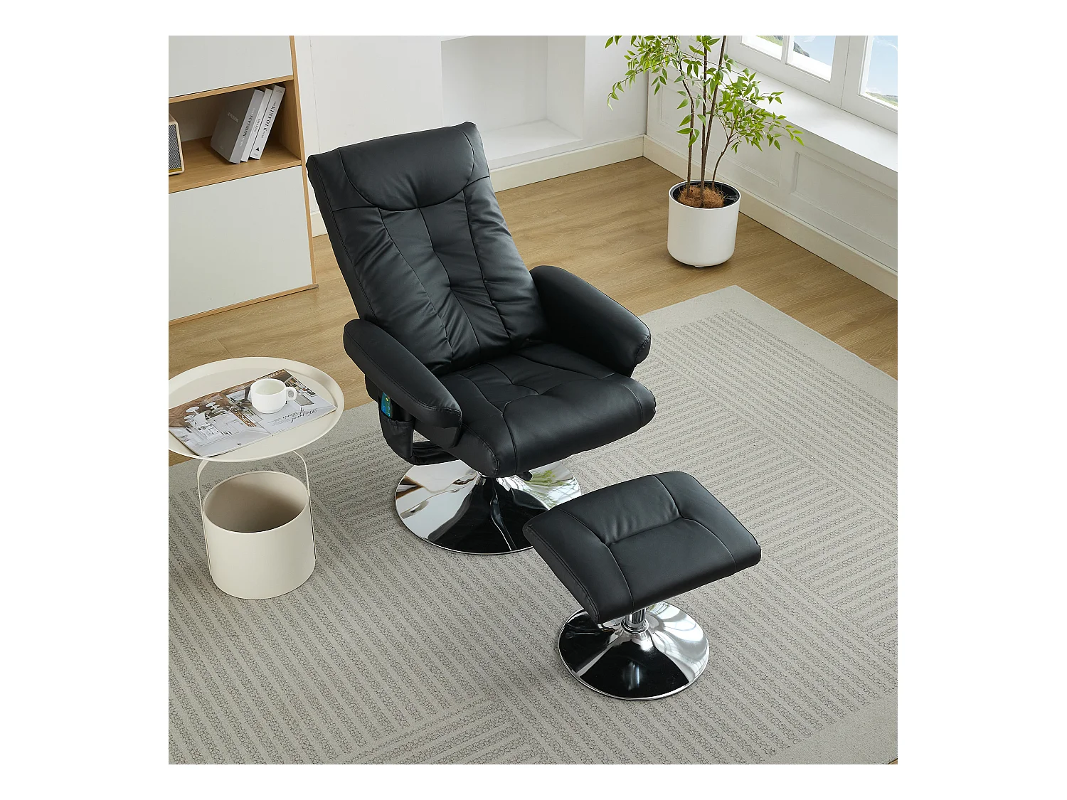 Relaxsessel avec fonction inclinable, massage à 5 points, chauffage électrique & repose-pieds, 360° pivotant, PU noir (76x75x103 cm)