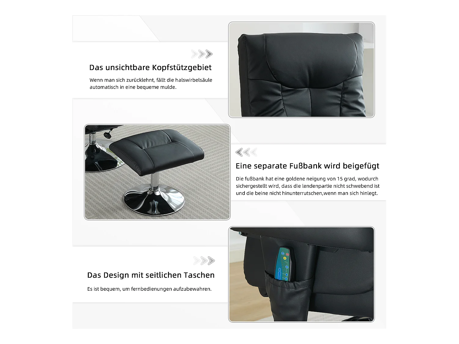 Relaxsessel avec fonction inclinable, massage à 5 points, chauffage électrique & repose-pieds, 360° pivotant, PU noir (76x75x103 cm)