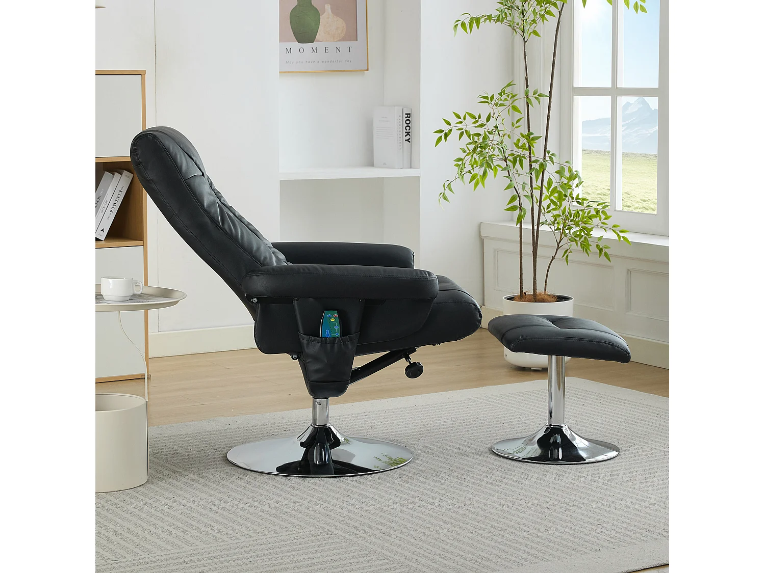 Relaxsessel avec fonction inclinable, massage à 5 points, chauffage électrique & repose-pieds, 360° pivotant, PU noir (76x75x103 cm)