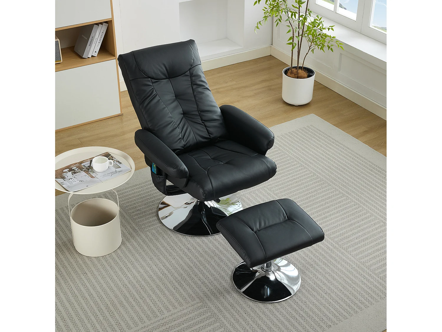 Relaxsessel avec fonction inclinable, massage à 5 points, chauffage électrique & repose-pieds, 360° pivotant, PU noir (76x75x103 cm)