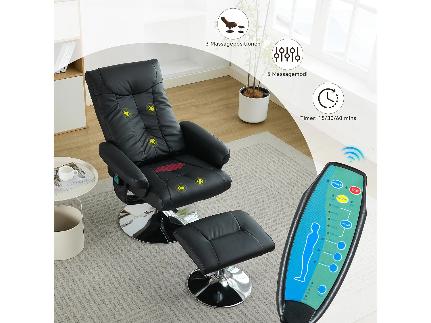 Relaxsessel avec fonction inclinable, massage à 5 points, chauffage électrique & repose-pieds, 360° pivotant, PU noir (76x75x103 cm)